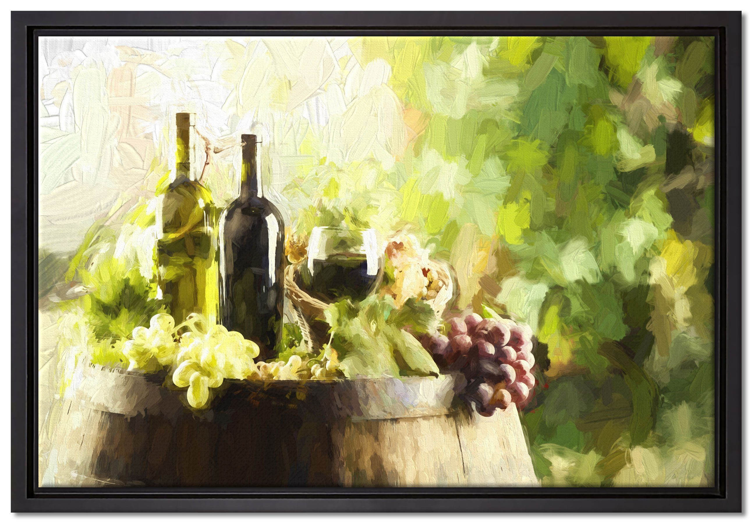 Pixxprint Leinwandbild Wein mit Weintrauben auf Fass, Wanddekoration (1 St), Leinwandbild fertig bespannt, in einem Schattenfugen-Bilderrahmen gefasst, inkl. Zackenaufhänger