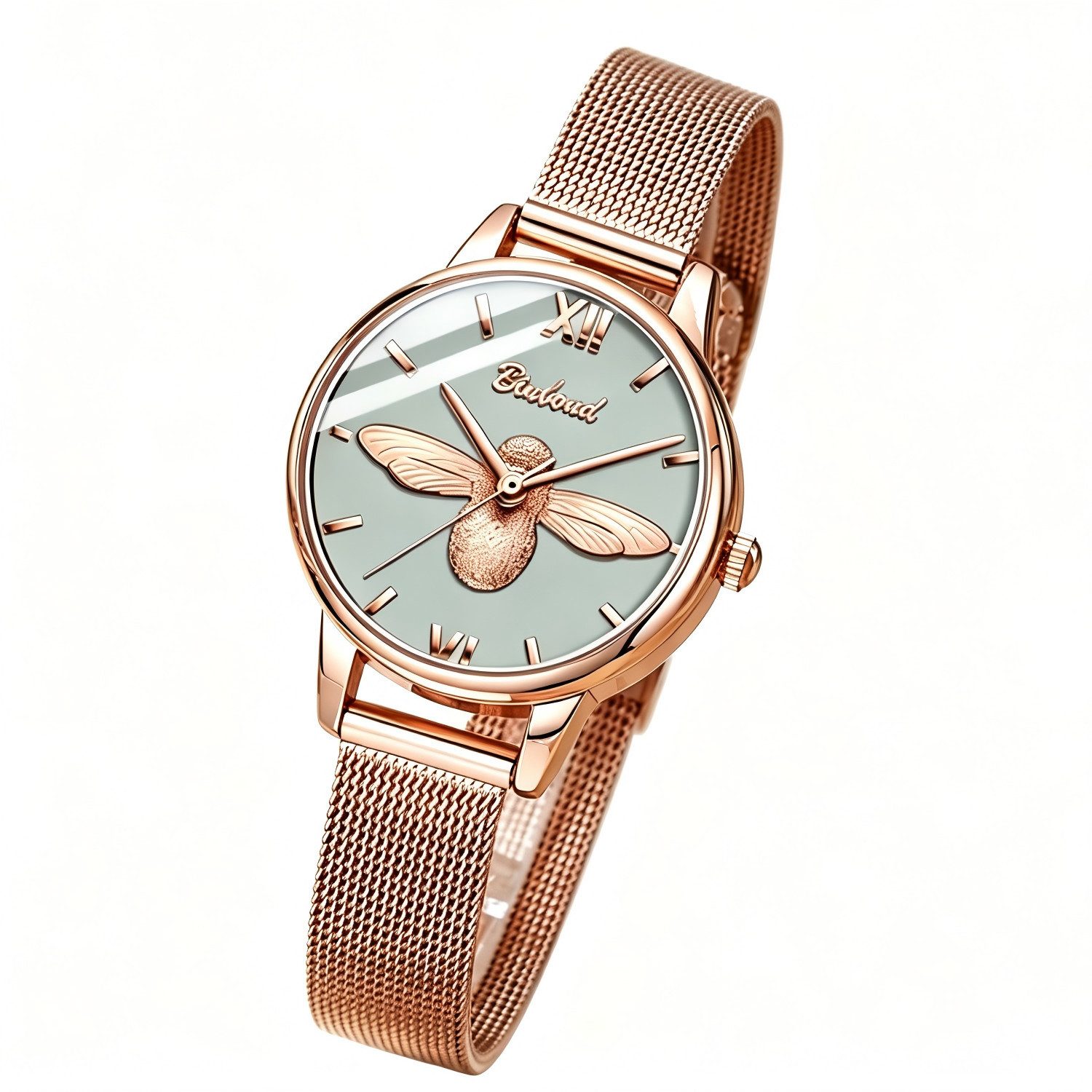 ibettertec Quarzuhr Damen Armbanduhr, Elegante Quarzuhr mit 3D Bienen-Motiv Bienen Motiv Uhr, Zarte Roségold Uhr mit grauem Zifferblatt, ideal für Alltag, Büro und als Geschenk, Mineralglas, Edelstahlarmband,30M Wasserdicht & Mesh-Armband