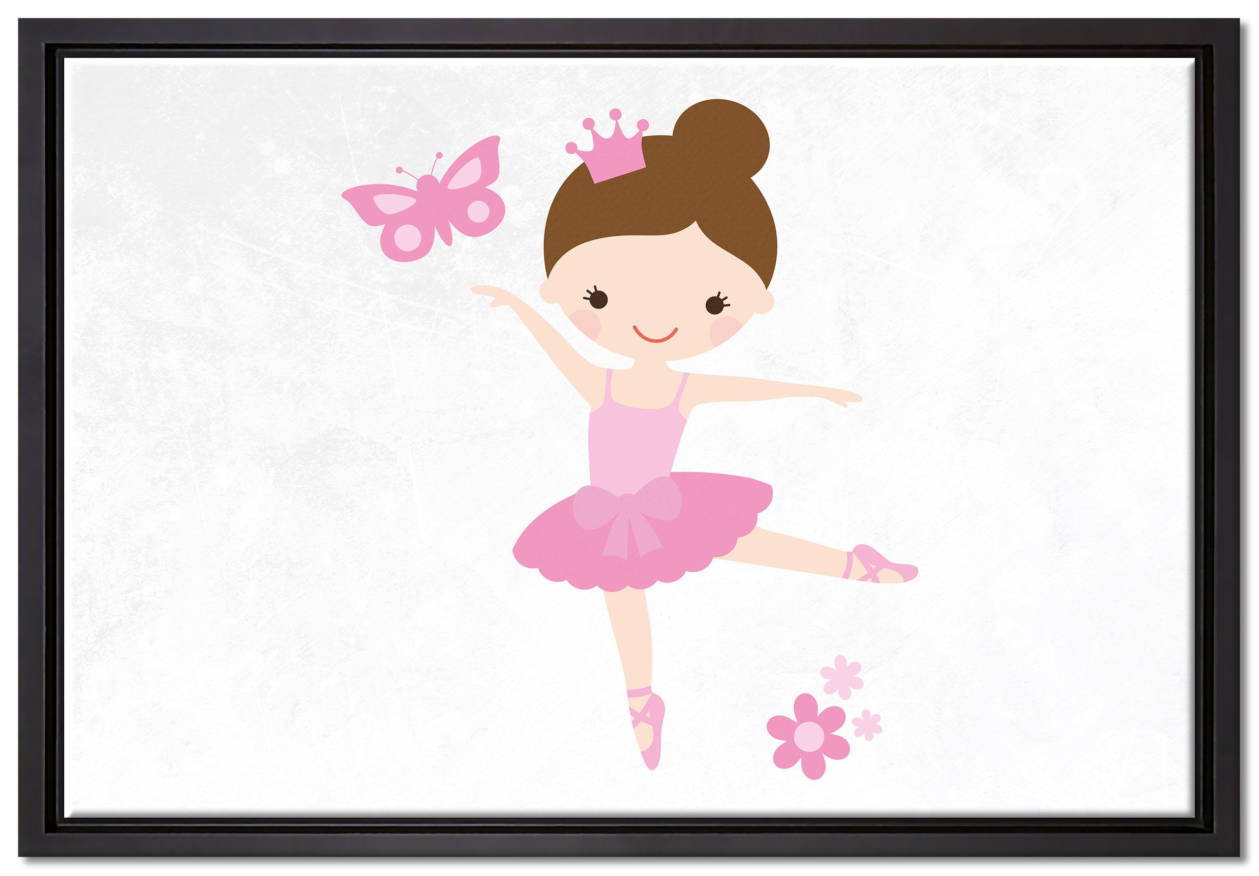 Pixxprint Leinwandbild Ballerina Schmetterling Blumen, Wanddekoration (1 St), Leinwandbild fertig bespannt, in einem Schattenfugen-Bilderrahmen gefasst, inkl. Zackenaufhänger
