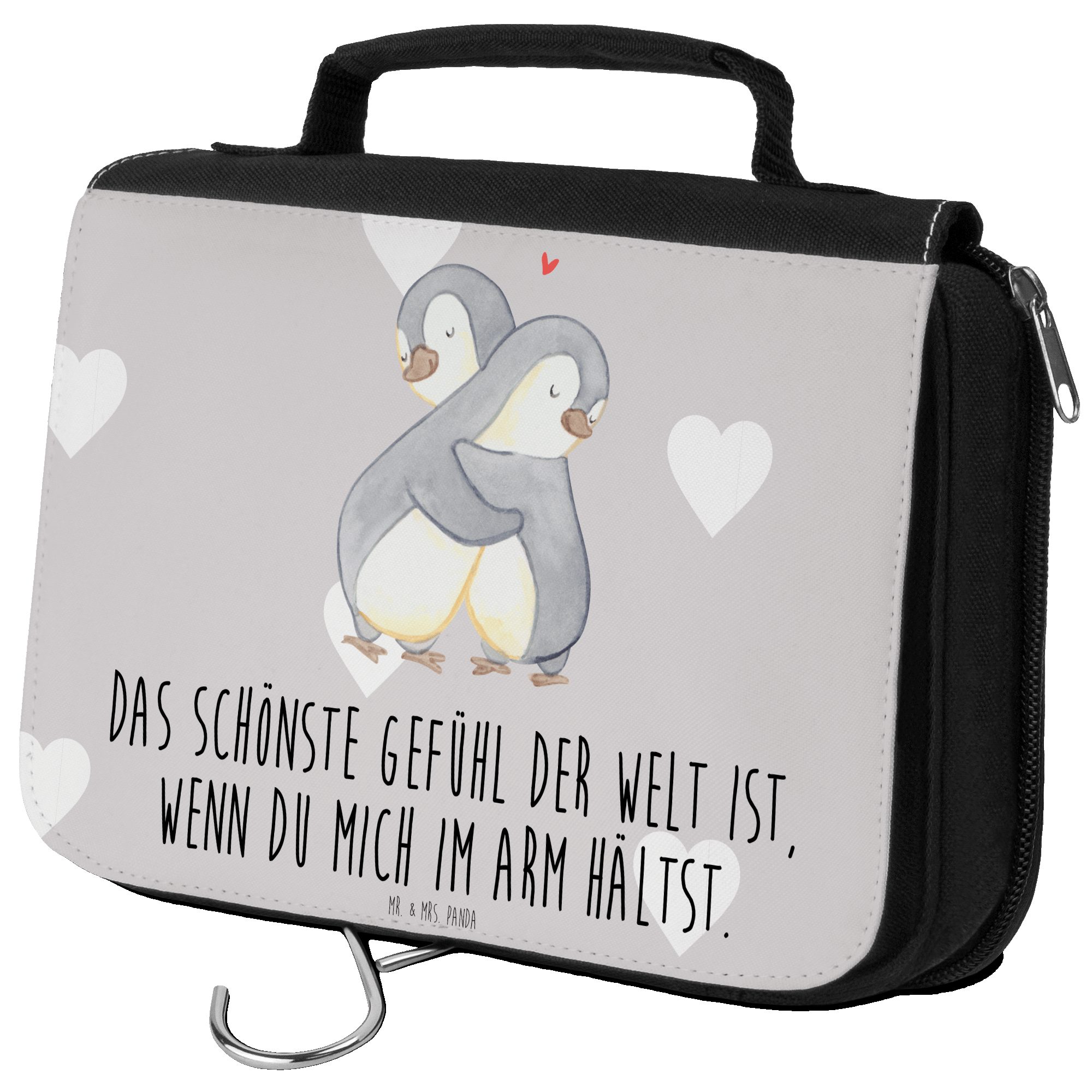 Mr. & Mrs. Panda Kulturbeutel Pinguine Kuscheln - Grau Pastell - Geschenk, Kulturtasche, Kosmetikbe (1-tlg)