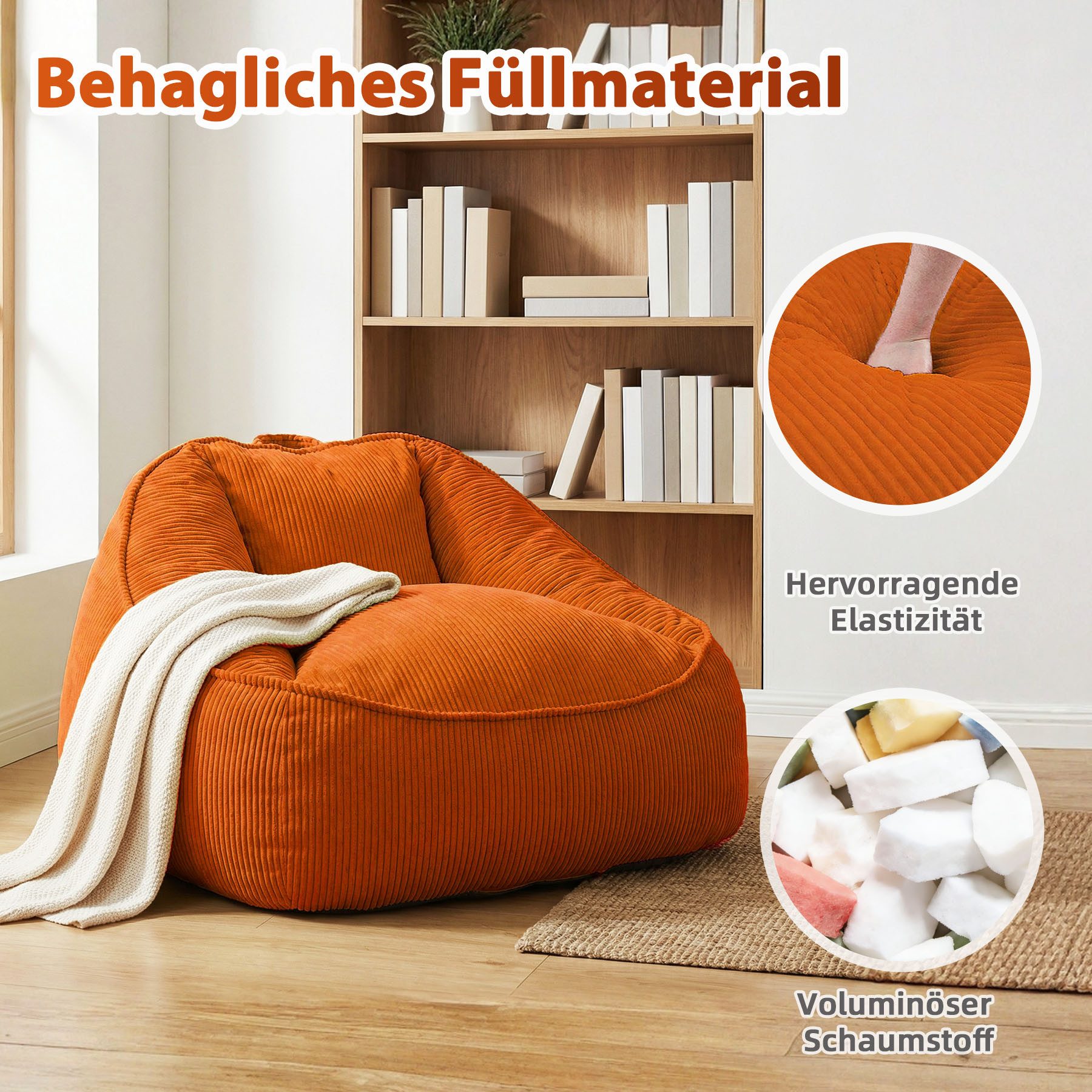 HomeMiYN Sitzsack Weicher Riesen Sitzsack aus Cord – Sessel fürs Wohnzimmer „Birne“ – Bild 5 von 5