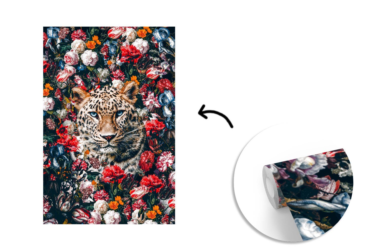 MuchoWow Fototapete Leopard für St), Montagefertig - Wohnzimmer, Vinyl Blumen Wandtapete bedruckt, Matt, Mantel, Tapete - (3