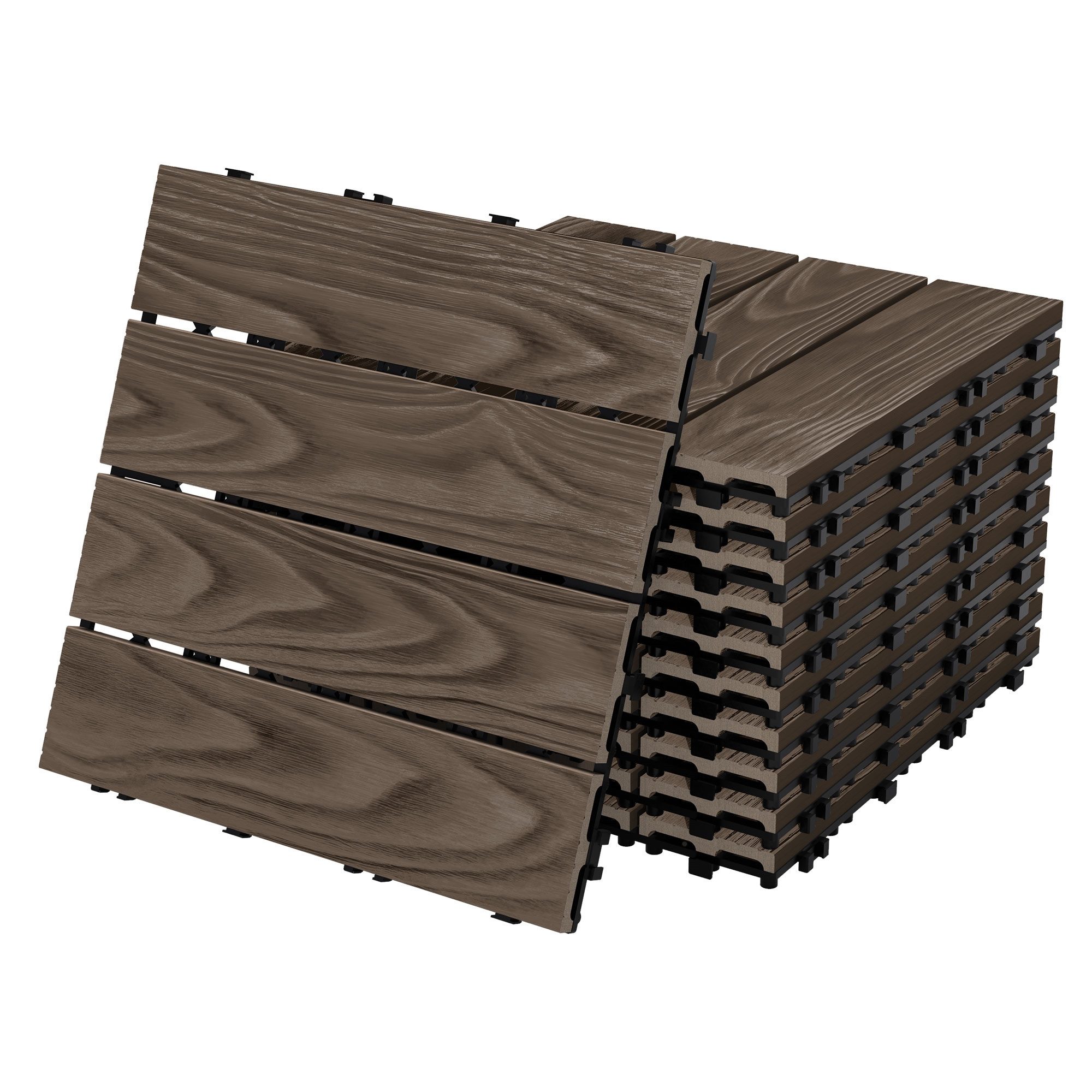 ECD Germany Terrassendielen WPC Bodenplatte Terrassenfliesen Fliesen mit Drainage und Klicksystem, BxL: je 30x30 cm, Bodenbelag 1m²/11 Stück Dunkelbraun rutschfest Balkonfliesen