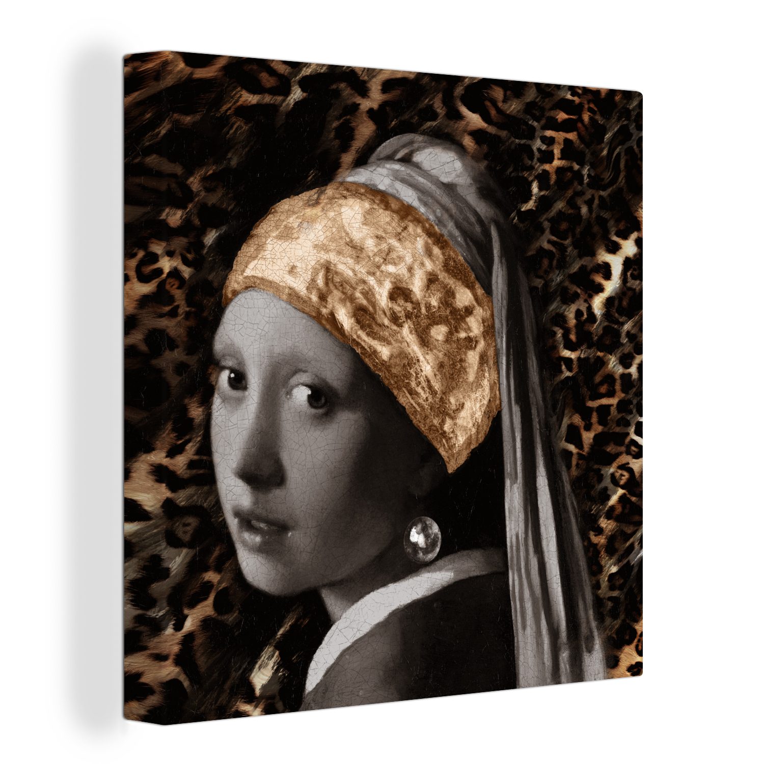 OneMillionCanvasses® Gemälde Mädchen mit Perlenohrring - Braun - Pantherdruck, (1 St), Leinwand Bilder für Wohnzimmer Schlafzimmer