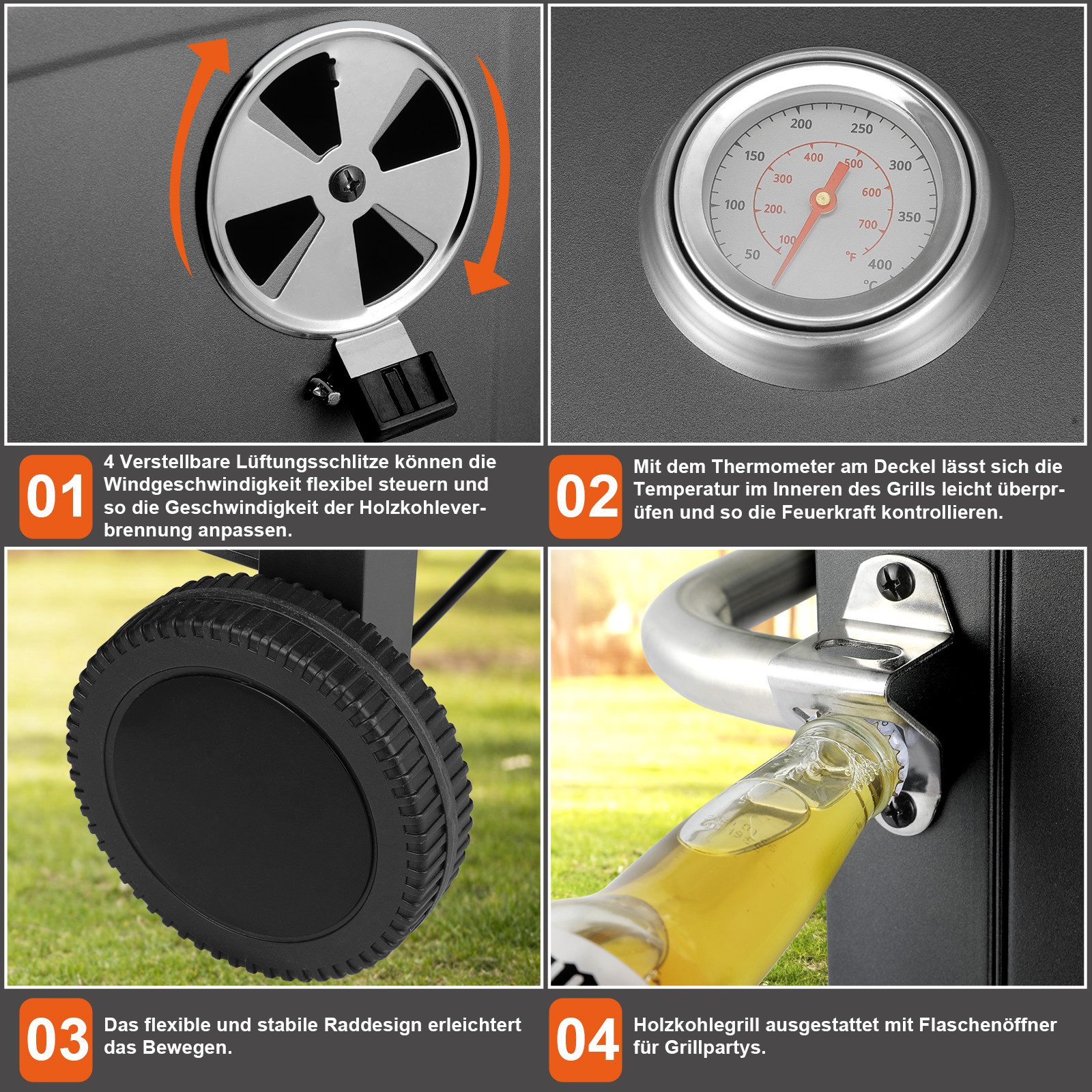 TLGREEN Holzkohlegrill Grillwagen XXL, mit Rädern & Thermometer, Hochwertiger Grillwagen für Garten Camping Picknick, Smoker Grill mit Deckel, Höhenverstellbarer Grillrost, Klappbarem Lagerregal und Flaschenöffner, Rostbeständig BBQ Grill