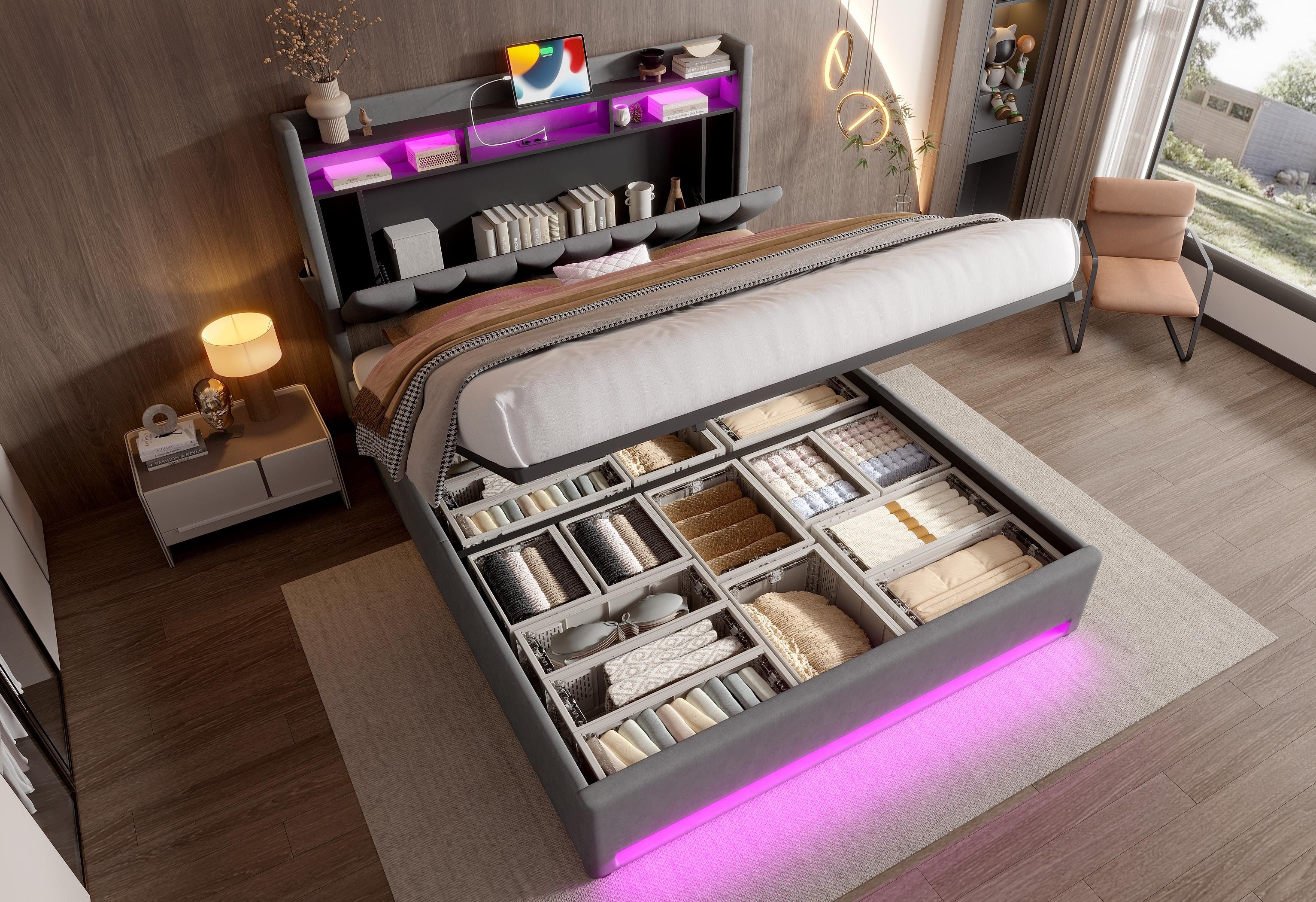 LVHOM Boxbett 140x200/160x200 cm mit LED-Licht, Bettkasten & USB-C/USB-Lade günstig online kaufen