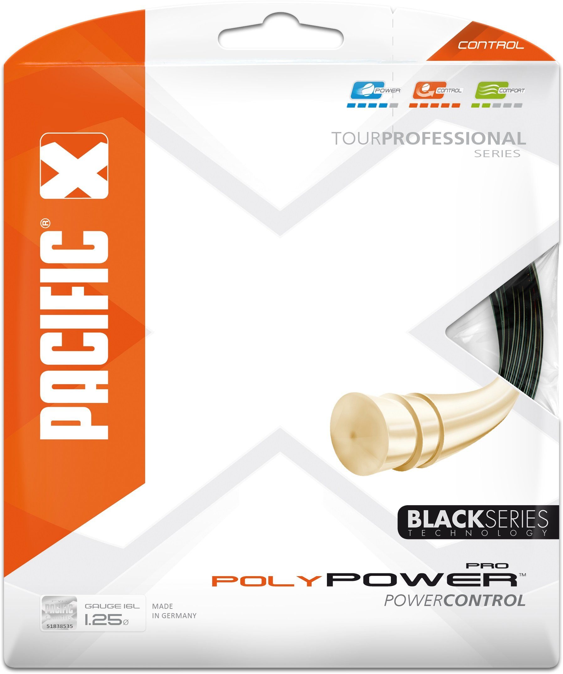 Pacific Tennissaite Poly Power Pro (Haltbarkeit+Power) schwarz 12m Set, Saitendicke: 1.30