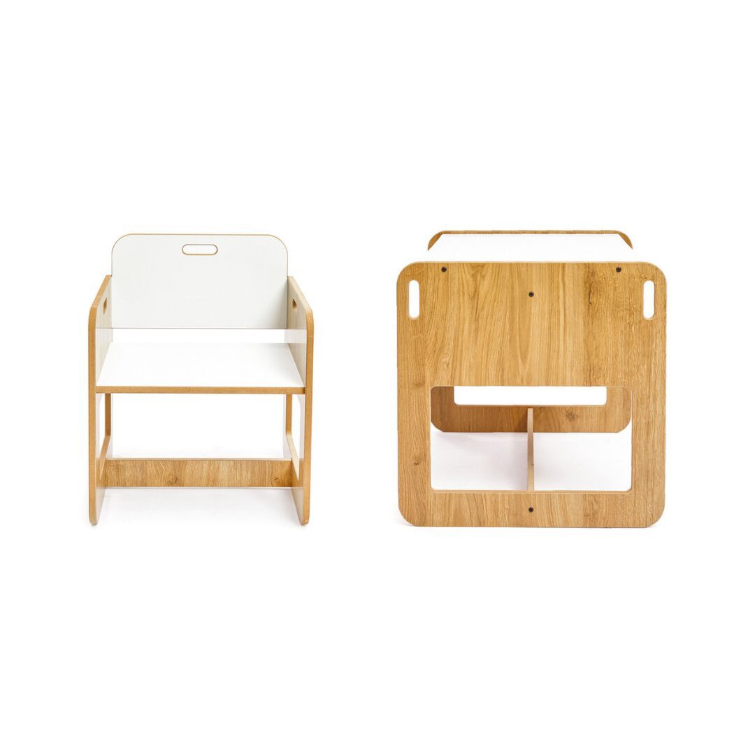 COZYCOLLECTIONS Kindersitzgruppe Montessori Kindertisch-Set: Tisch + Stuhl, Naturholz/Weiß, (Kindertischgruppe / Sitzgruppe (2-teilig), 3-tlg., 1 Tisch + 1 Stuhl), Montessori: ergonomisch, pflegeleicht, mit Griffmulden (2–4)