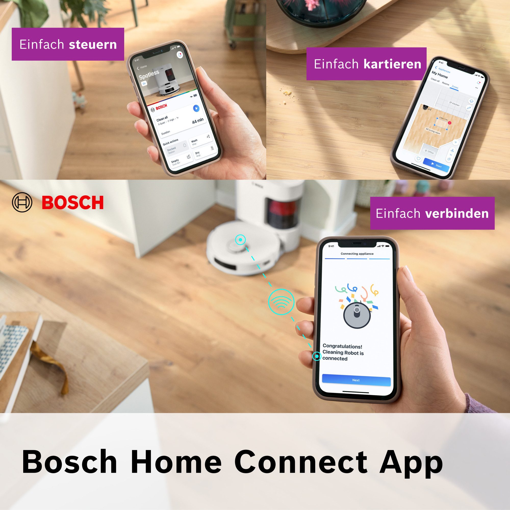 BOSCH Saugroboter Spotless + BCRD1W, Saugroboter mit Wischfunktion, 11.000 Pa Saugkraft, 60 W, beutellos, Trocken-Servicestation, Infrarot Navigation, Carbon Bürste