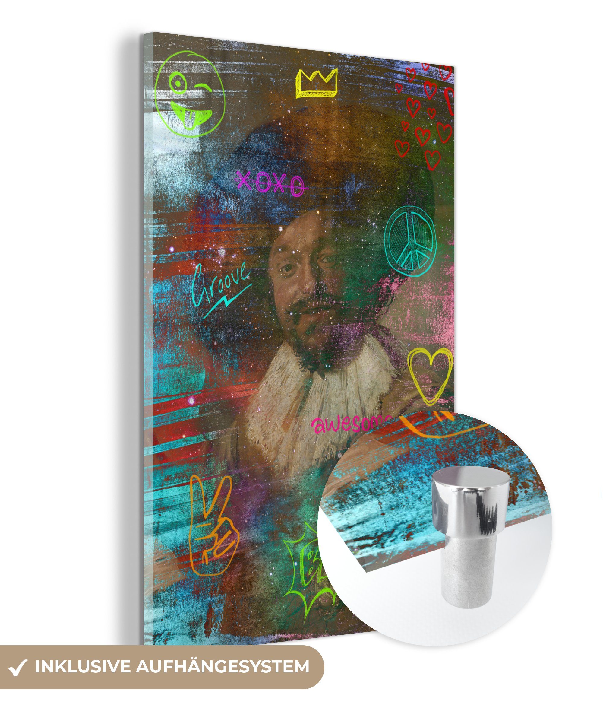 MuchoWow Acrylglasbild Der fröhliche Trinker - Frans Hals - Neon, (1 St), Glasbilder - Bilder auf Glas Wandbild - Foto auf Glas - Wanddekoration bunt | Bilder