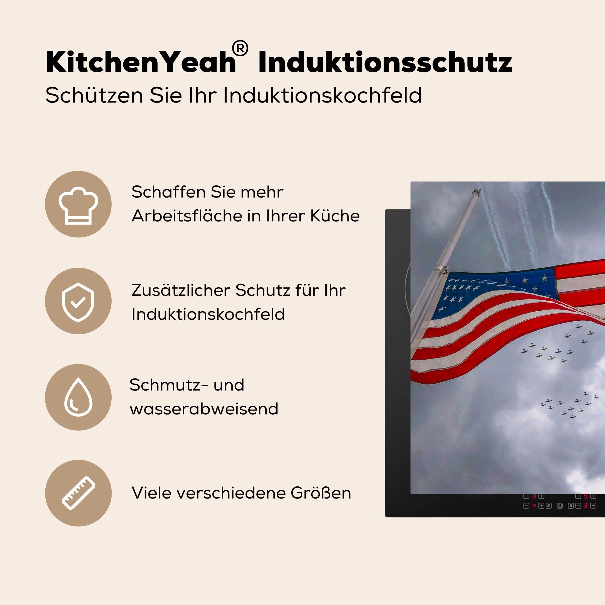 küche Vinyl, für Arbeitsplatte Amerika Ceranfeldabdeckung, Flugzeuge 78x78 cm, tlg), (1 Flagge, MuchoWow - Herdblende-/Abdeckplatte -