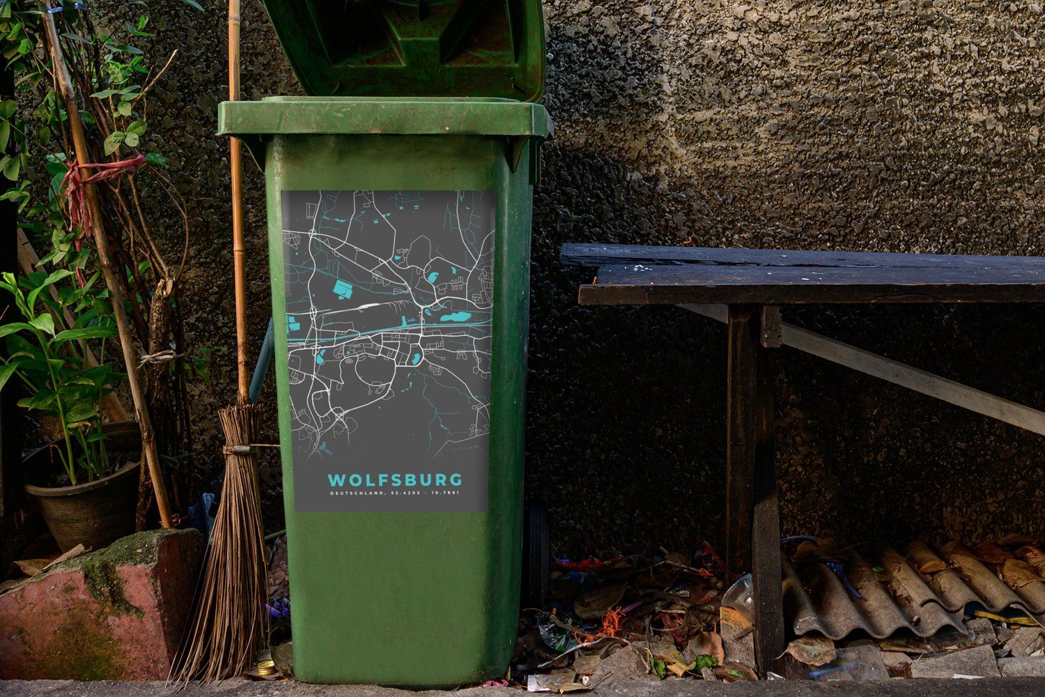 MuchoWow Wandsticker Stadtplan (1 Mülltonne, - - Blau Mülleimer-aufkleber, - Container, St), Abfalbehälter Karte Sticker, Deutschland Karte - - Wolfsburg