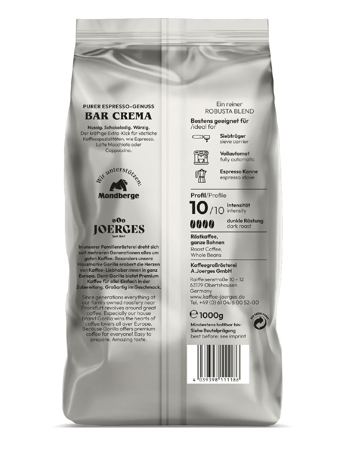 Gorilla Kaffee Joerges Espresso Gorilla Bar Crema ganze Kaffeebohnen, 2 x 1000 g, Hohe Intensität, dunkle Röstung