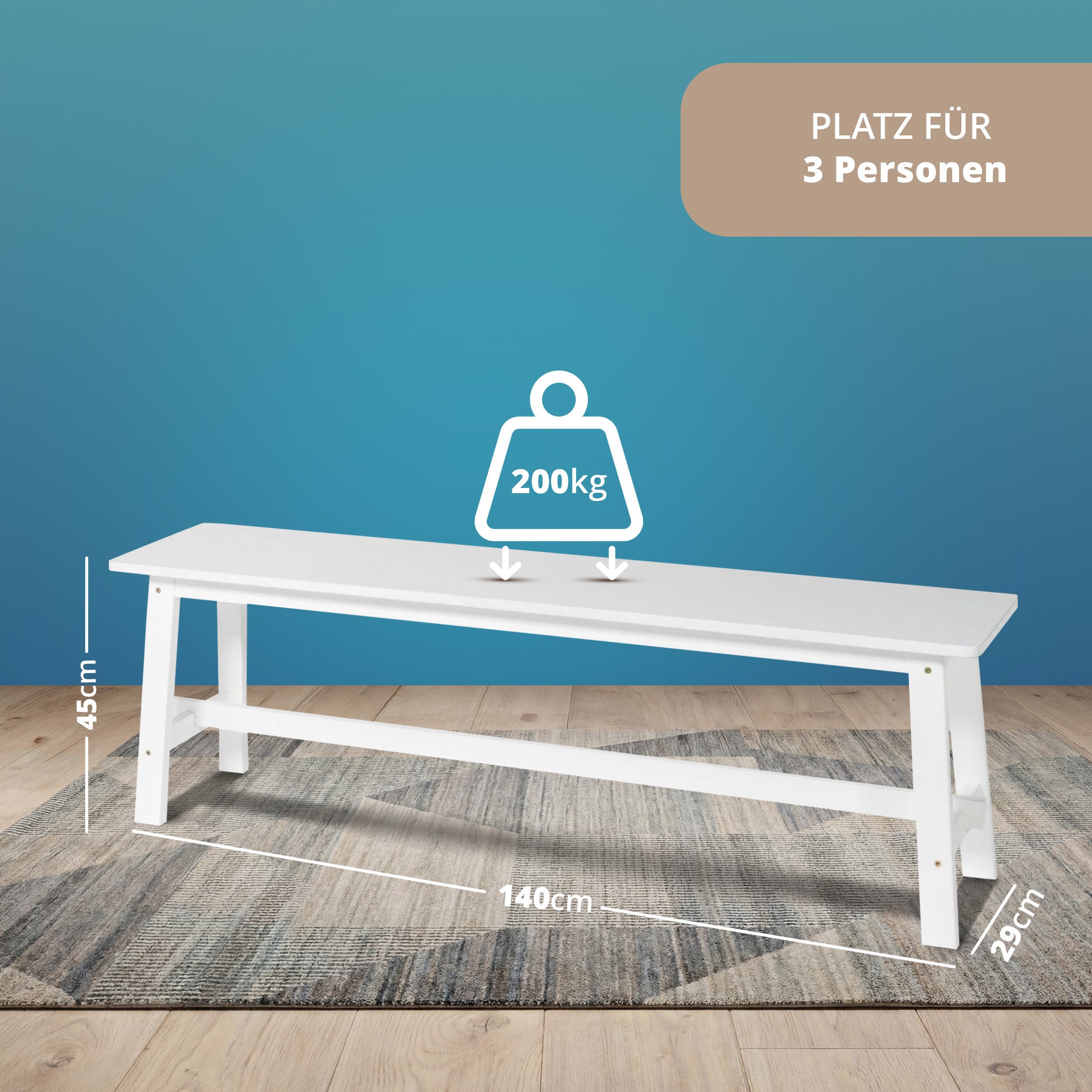 KHG Sitzbank Dekobank Weiß für 2-3 Personen, Skandi Look, bis 200 kg belastbar, lackiert, pflegeleicht, Massivholzgestell