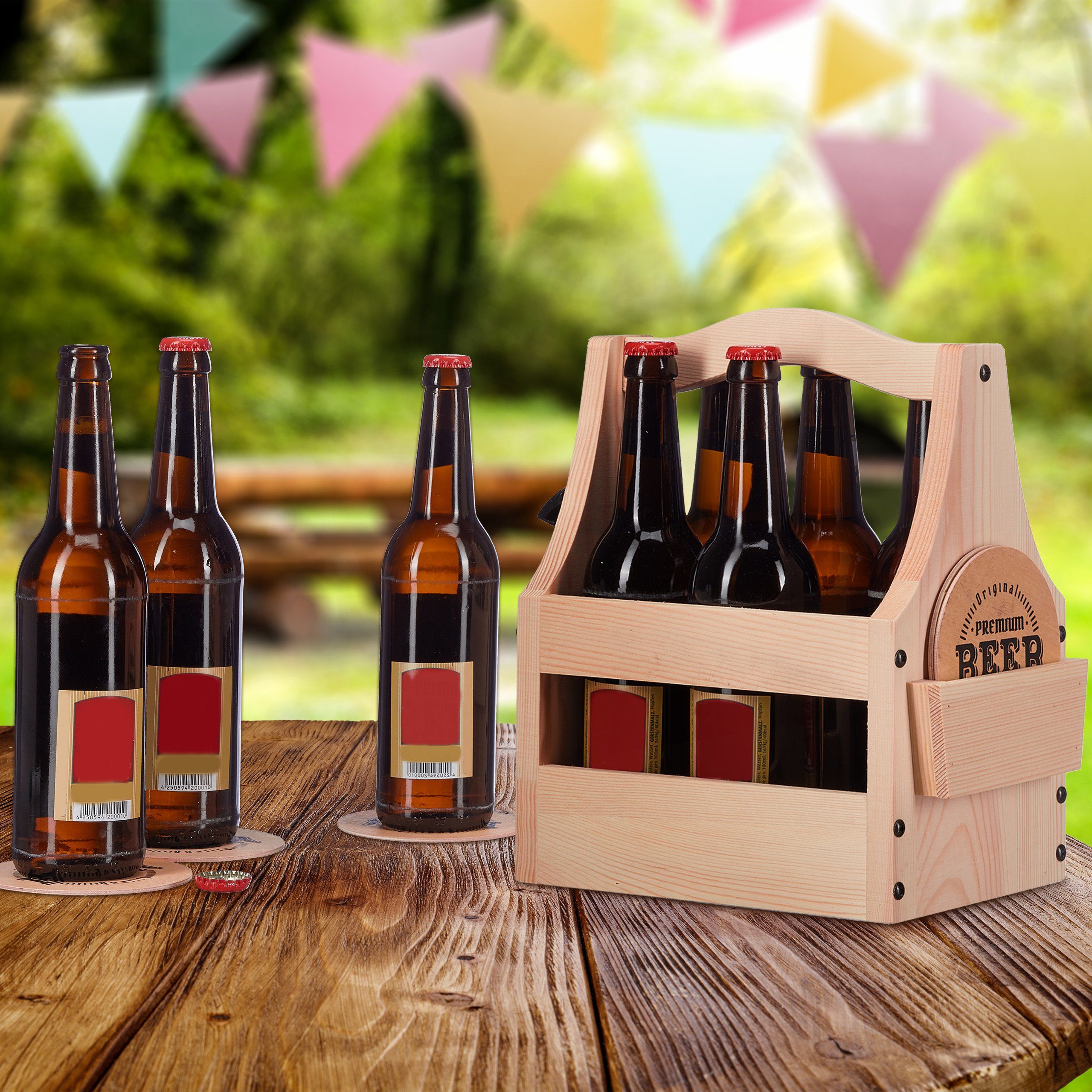 relaxdays Flaschenkorb Bierträger aus Holz mit Flaschenöffner günstig online kaufen