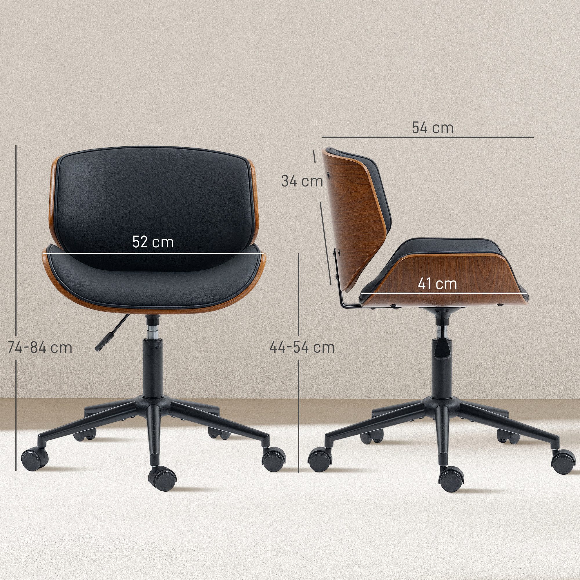 HOMCOM Bürostuhl Schreibtischstuhl aus Kunstleder Drehstuhl bis 135 kg belastbar (höhenverstellbar Homeoffice Stuhl, 1 St), für Arbeitszimmer, Schlafzimmer Schwarz+Walnussbraun