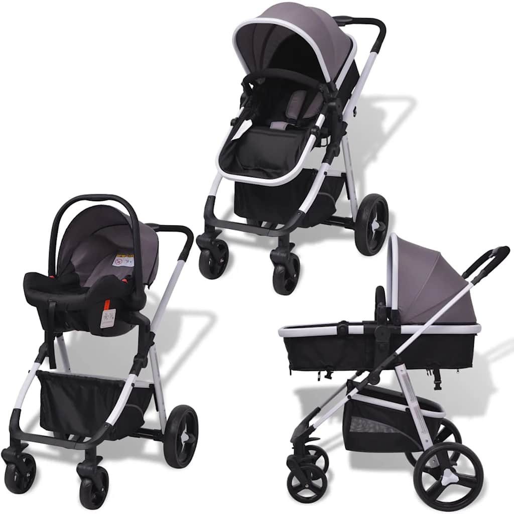 vidaXL Kinder-Buggy 3-in-1 Kinderwagen Aluminium Grau und Schwarz