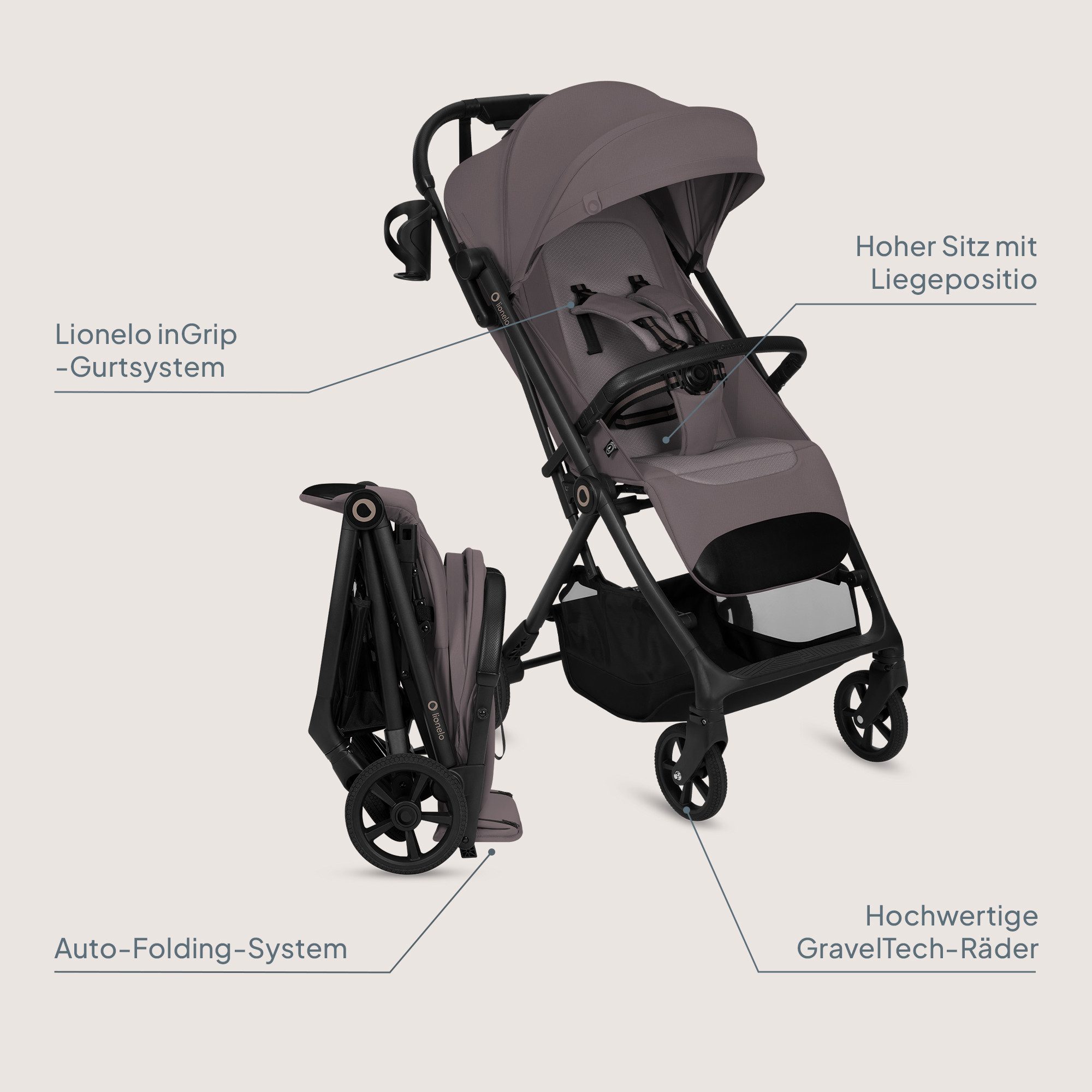 lionelo Kinder-Buggy TANSI, (Set), GravelTech-Räder/Auto-Folding/92 cm Liege/inGrip/einhändig