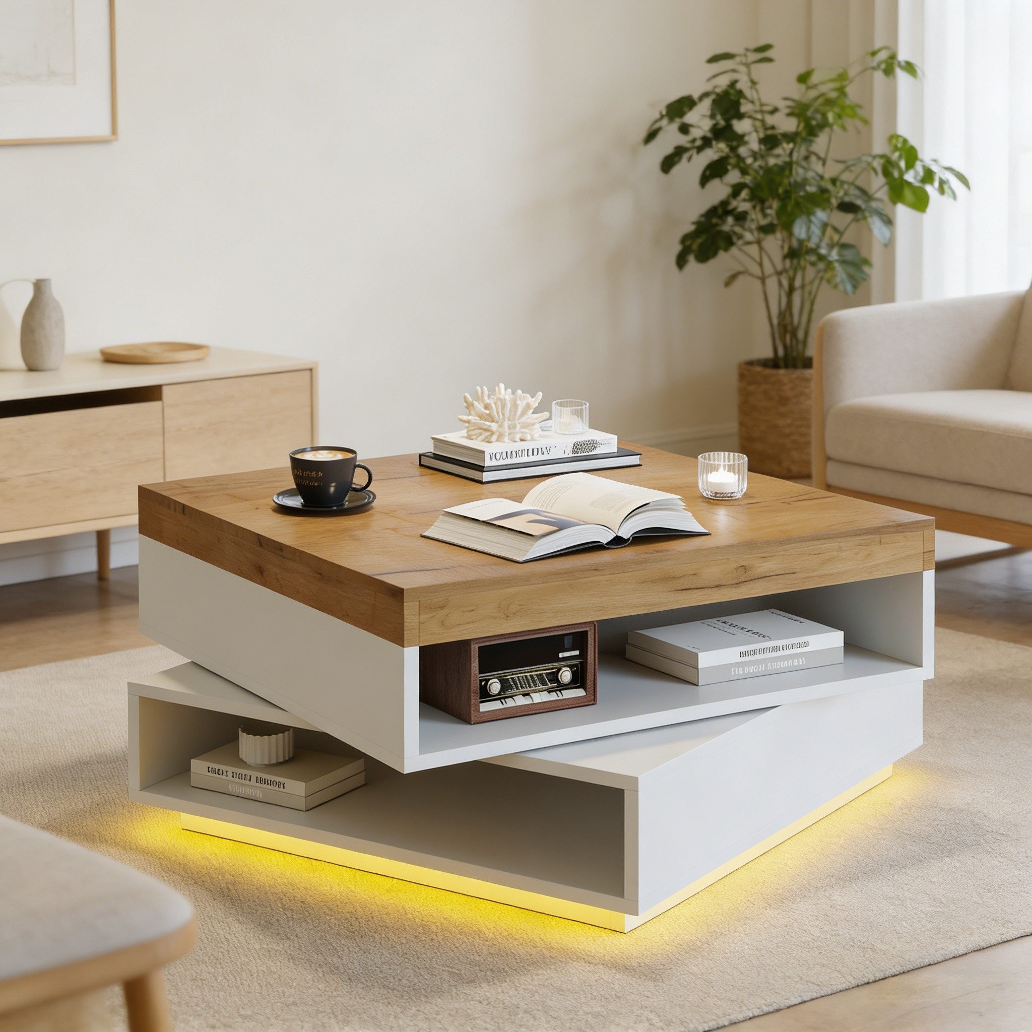 REDOM Couchtisch Quadratischer Couchtisch (65x65x40 cm) mit 360° Drehplatte & LED (Packung, 1-St., Ideal auch für kleine Räume als vielseitiger Beistelltisch), In Weiß/Holzton, mit praktischem Freilagerbereich