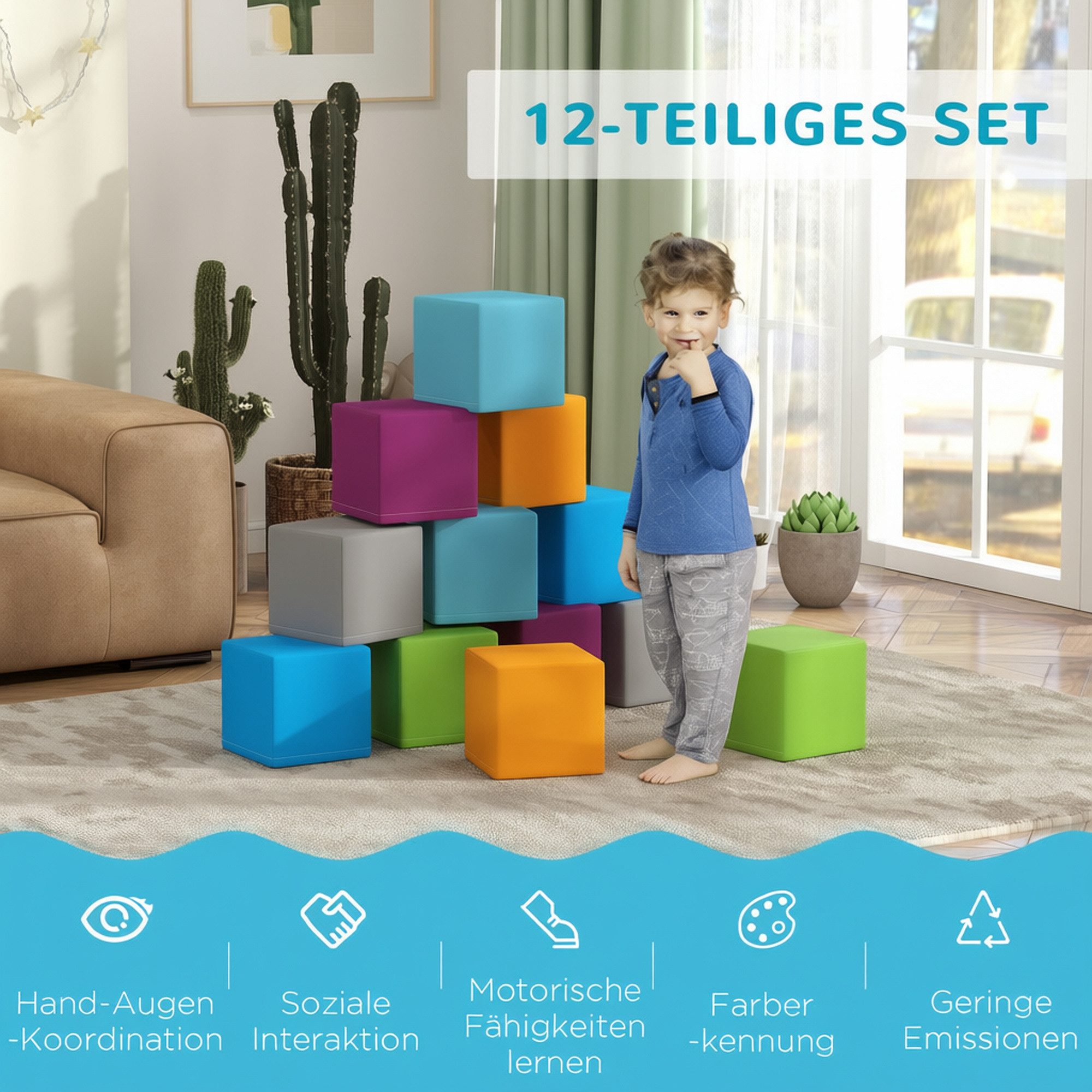 HOMCOM Softbausteine Riesenbausteine Bausteinset Rot+Gelb Spielbausteine, (Bauspielzeug, 12 St., Schaumstoff Bausteine), Schaumstoffblöcke für 1-3 Jahre alt Kin – Bild 4 von 5