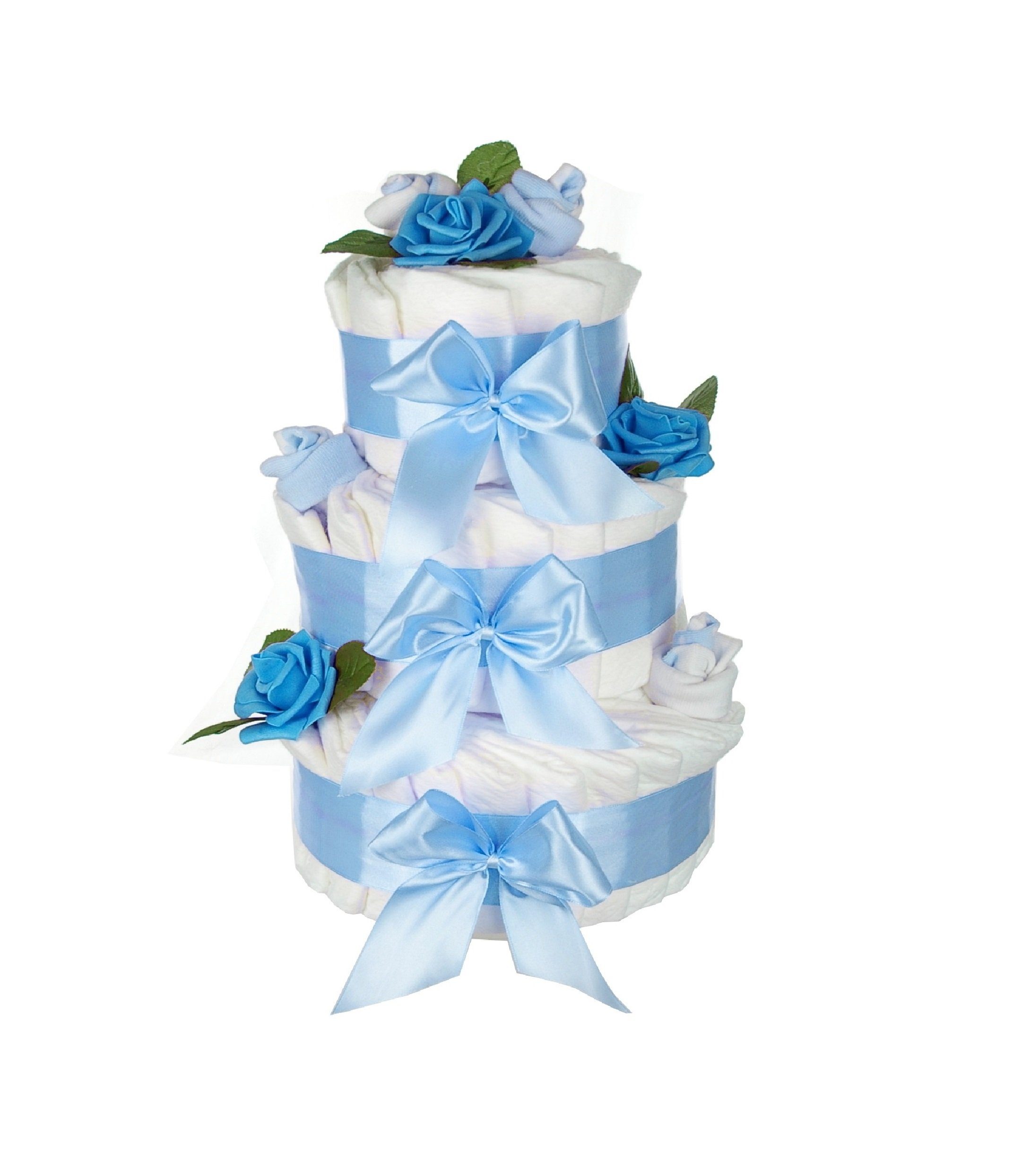 dubistda-WINDELTORTEN- Neugeborenen-Geschenkset XXL Windeltorte Rosenblüte (63-teilig) blau