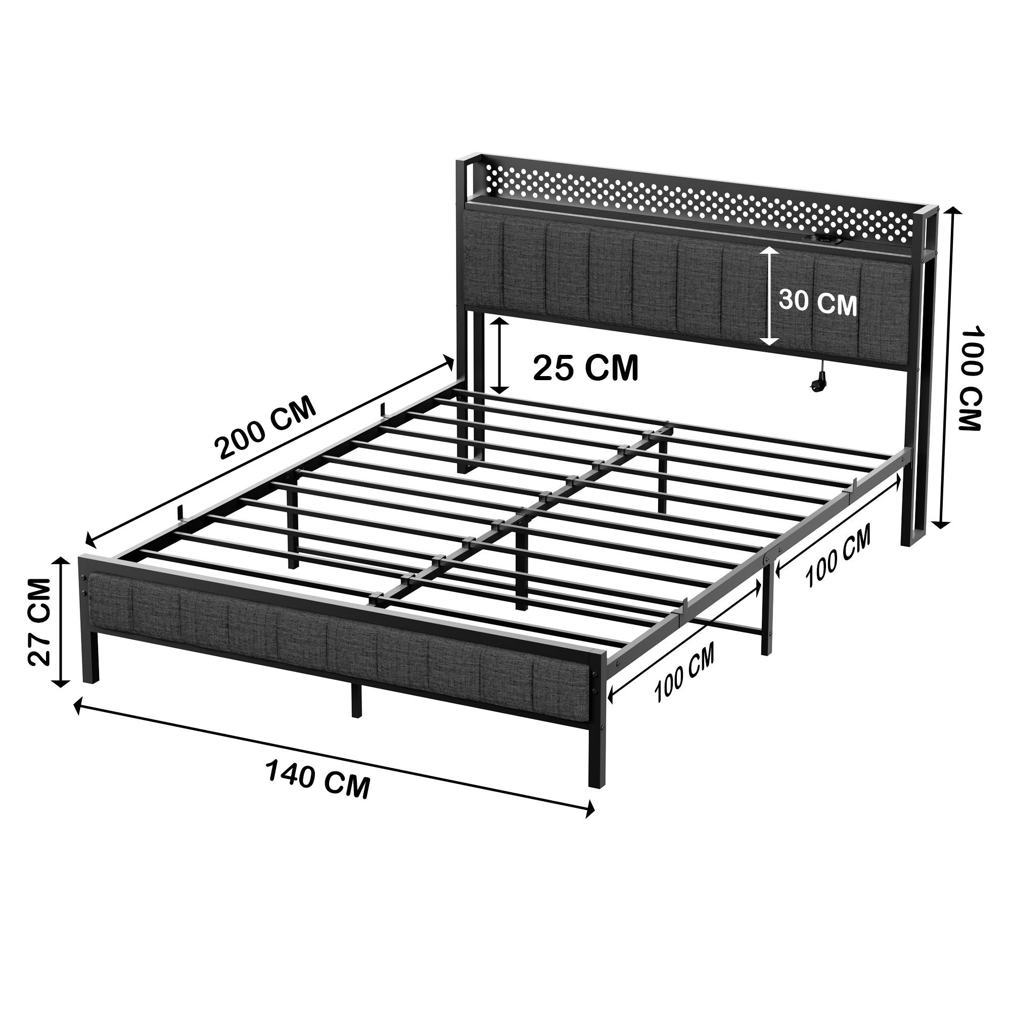 STILVORA Jugendbett Metallbett 140x200 Bettgestell bett mit Steckdose,led Beleuchtung (1-tlg) – Bild 4 von 5