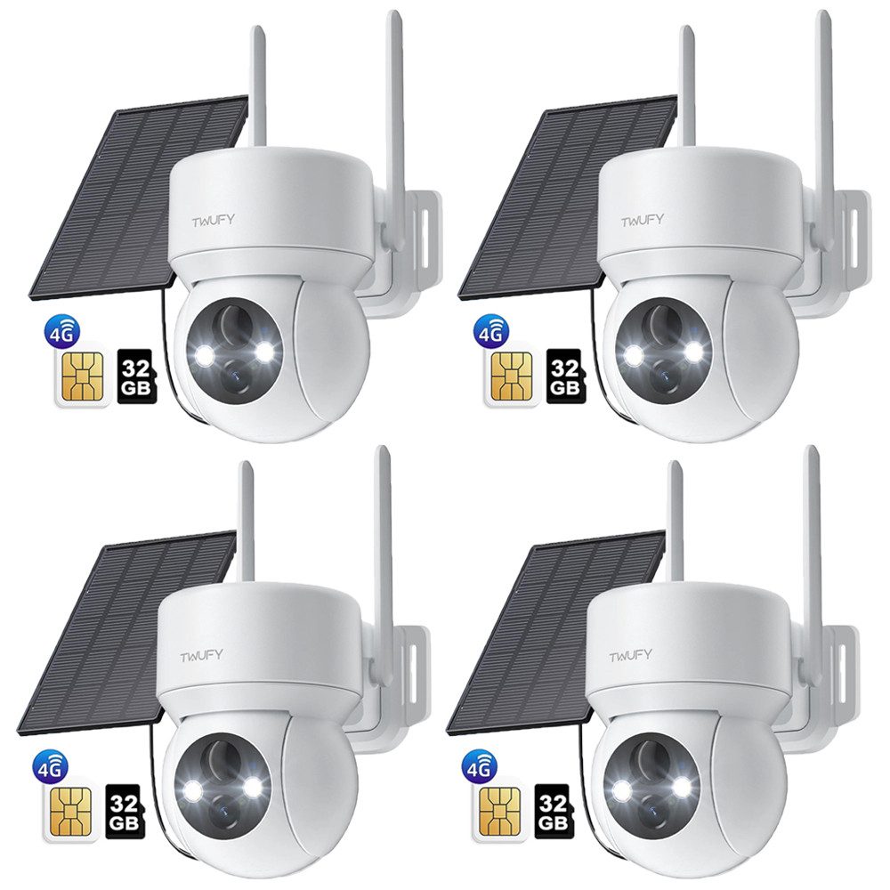 ZREE Überwachungskamera 4 Stück 4G LTE Überwachungskamera Aussen mit SIM Karte & 32GB karte (Aussen, Außenbereich, Wald, Farm, Campingbus, Straße, Kabellos Solar PTZ IP Kamera Outdoor mit 2K Farb-Nachtsicht, 355°/90° Schwenkbar Ohne WLAN PIR Erkennung 2-Wege-Audio, 4-fachen digitalen Zoom IP66 Wasserdicht 360° Outdoor Kamera)