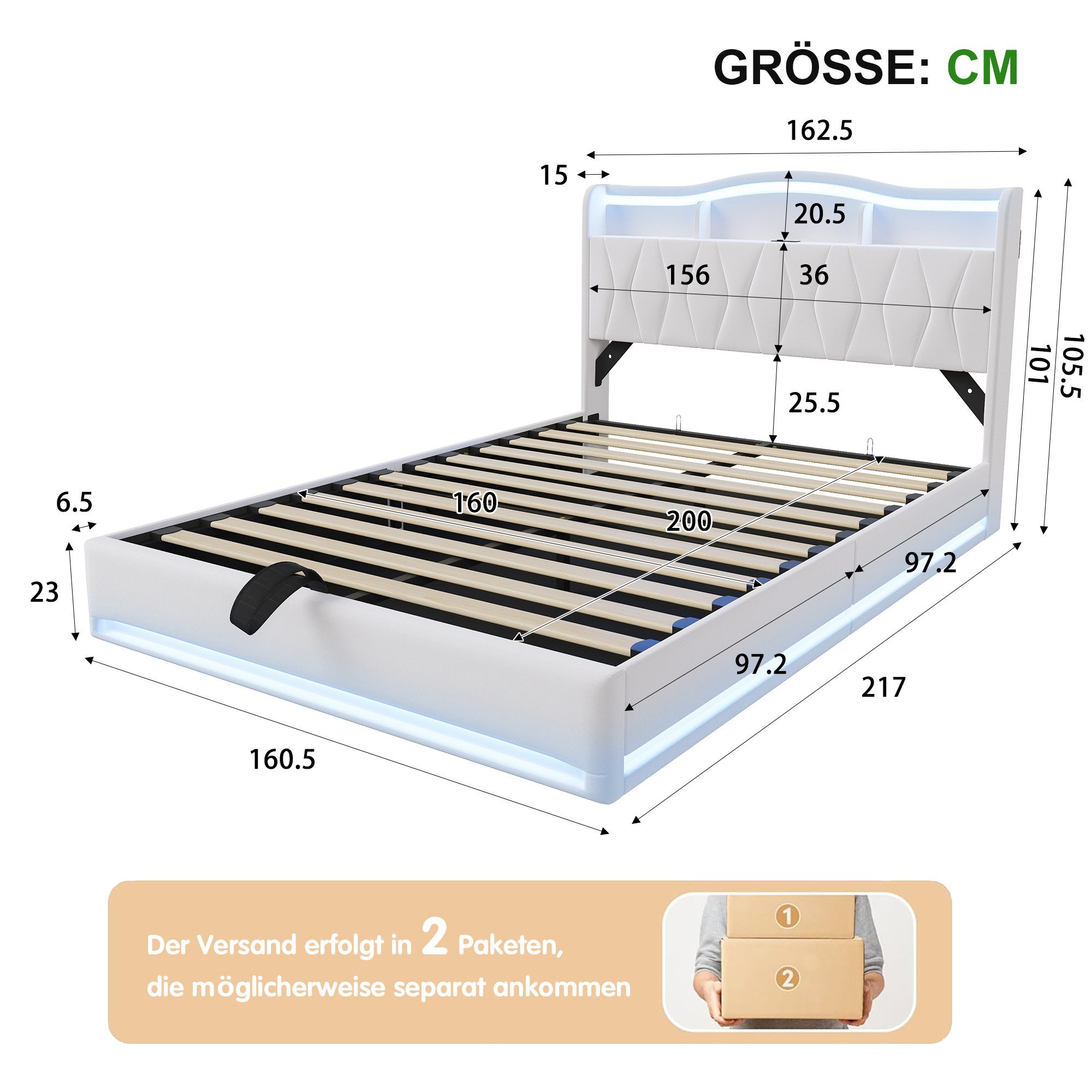 Gdood Stauraumbett Polsterbett LED Doppelbett (Inkl. Komforthöhe Lattenrost, Leises Design Bett), Mit Bettkasten, RGB Beleuchtung, Ladefunktion – Bild 5 von 5