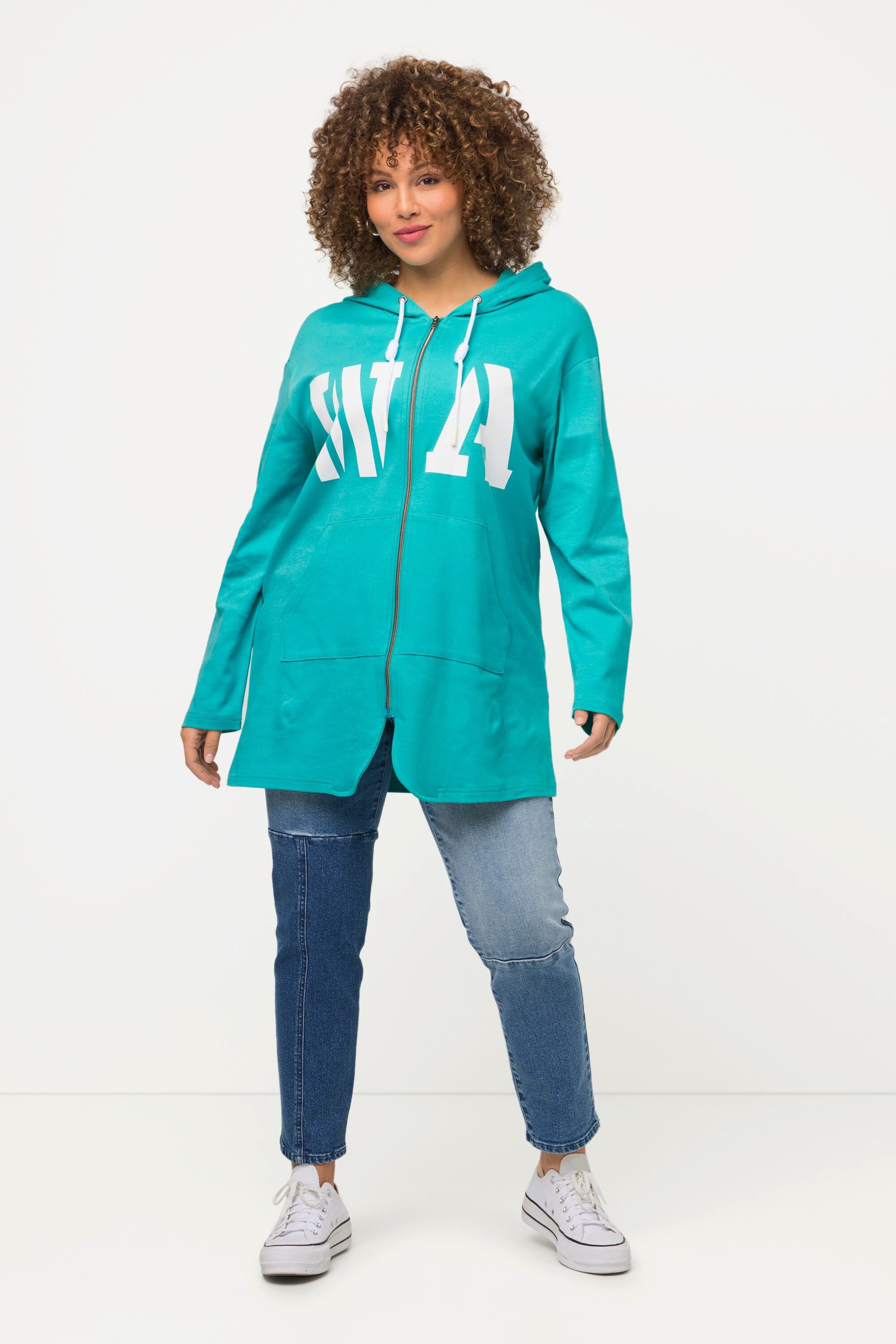 Ulla Popken Sweatjacke Long-Sweatjacke Schriftmotiv Kapuze günstig online kaufen