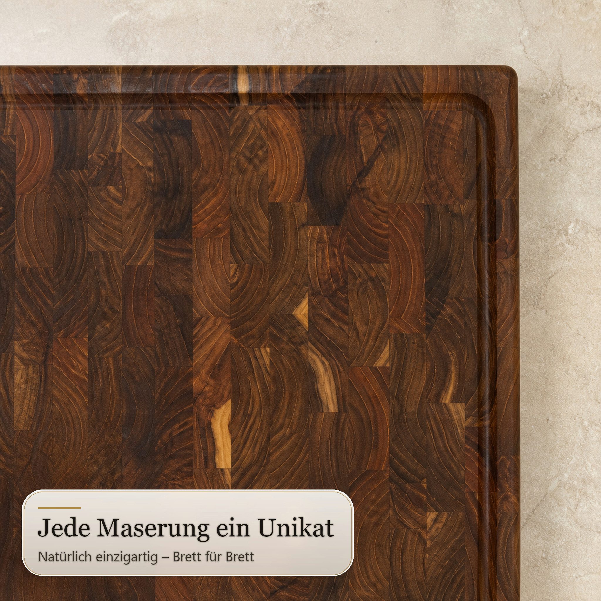 Floordirekt Schneidebrett Teak Royal Endgrain massives Teakholz mit Saftrille Griffmulden, (Einzelartikel, 1-teilig), Endgrain-Verarbeitung – Bild 5 von 5
