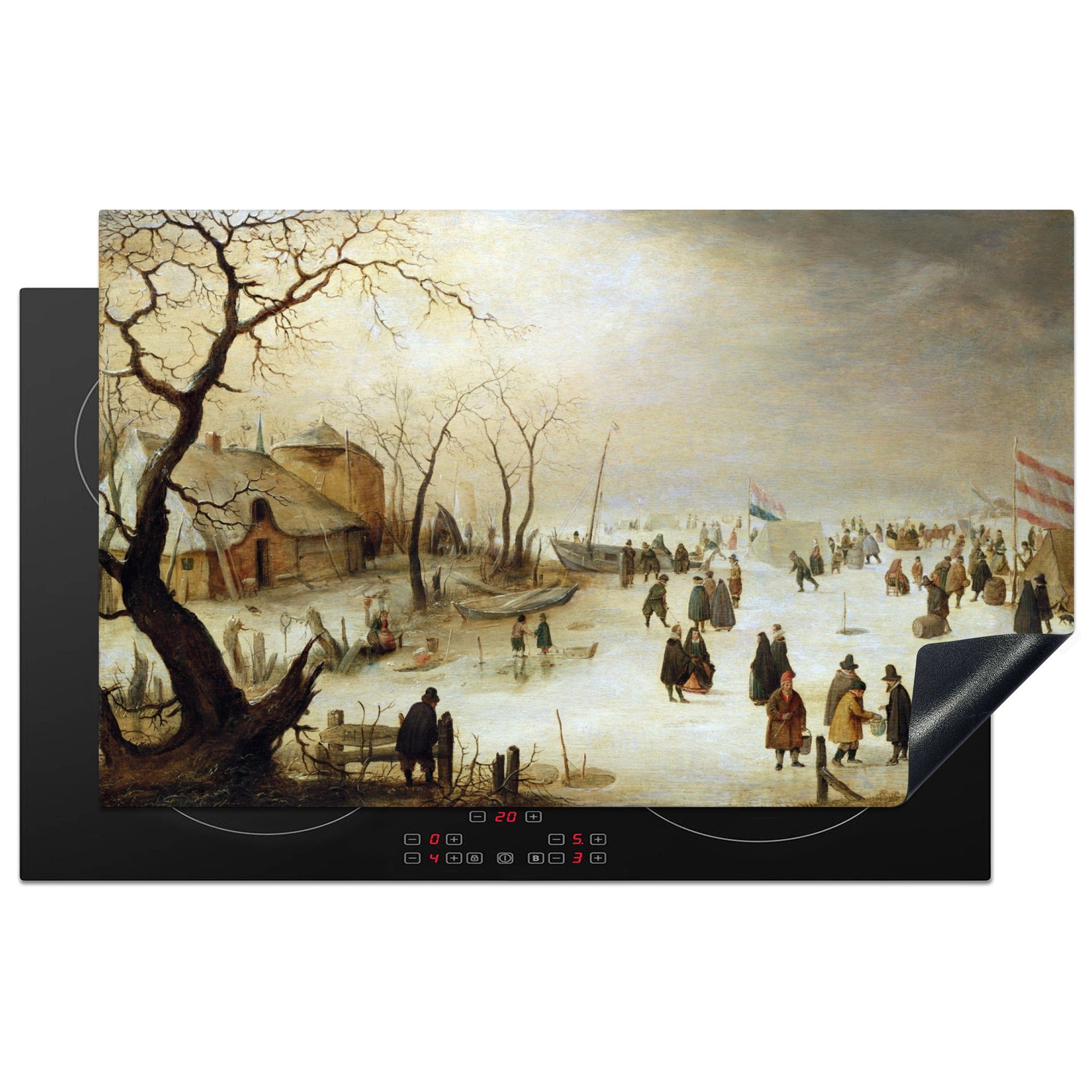 MuchoWow Herdblende-/Abdeckplatte Eine winterliche Flusslandschaft mit Figuren auf dem Eis - Gemälde von, Vinyl, (1 tlg), 83x51 cm, Ceranfeldabdeckung, Arbeitsplatte für küche