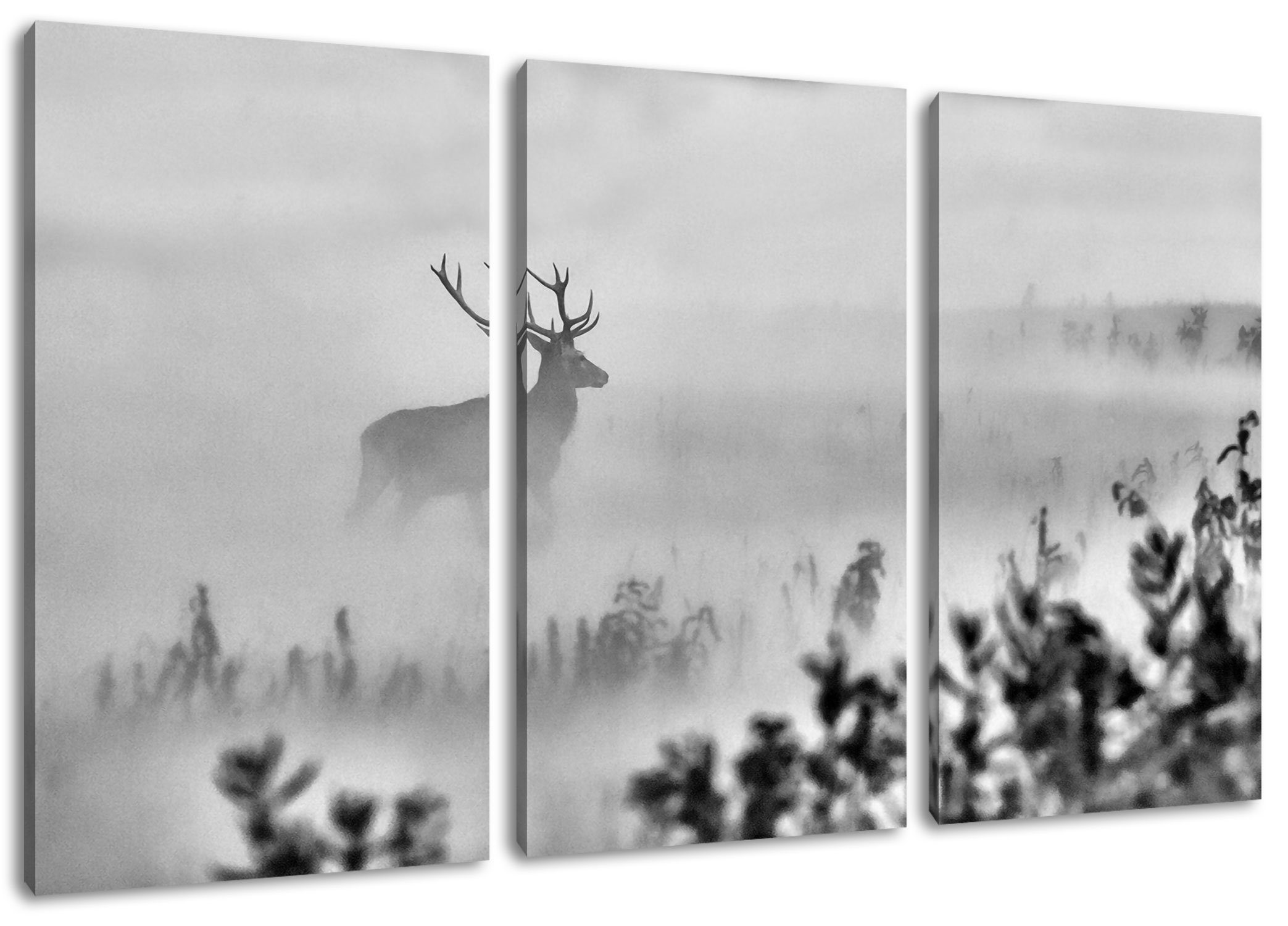 Pixxprint Leinwandbild Hirsch im Nebel, Hirsch im Nebel 3Teiler (120x80cm) (1 St), Leinwandbild fertig bespannt, inkl. Zackenaufhänger