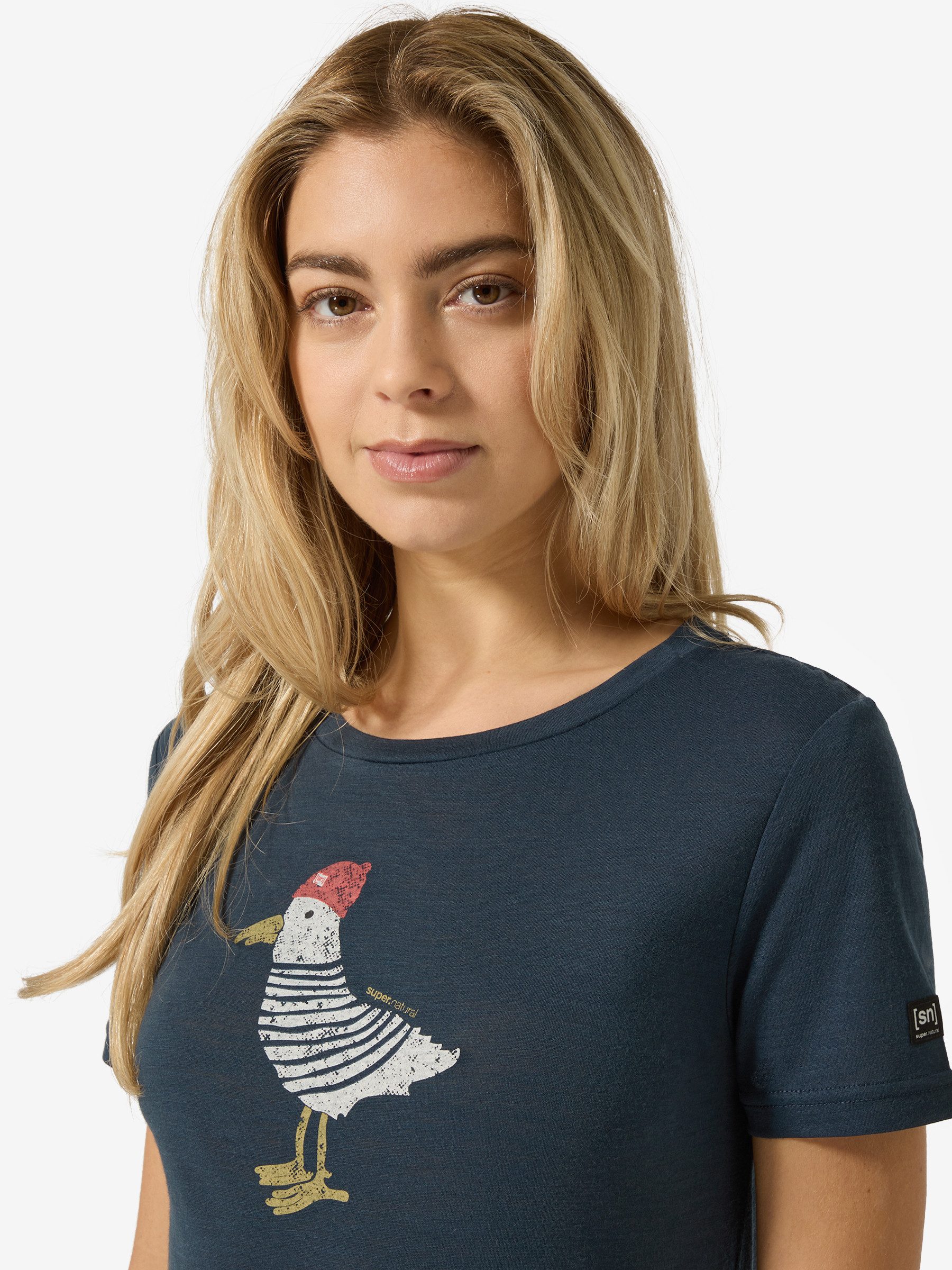SUPER.NATURAL Print-Shirt für Damen, Merino JOHNNY TEE happy Vogel Motiv