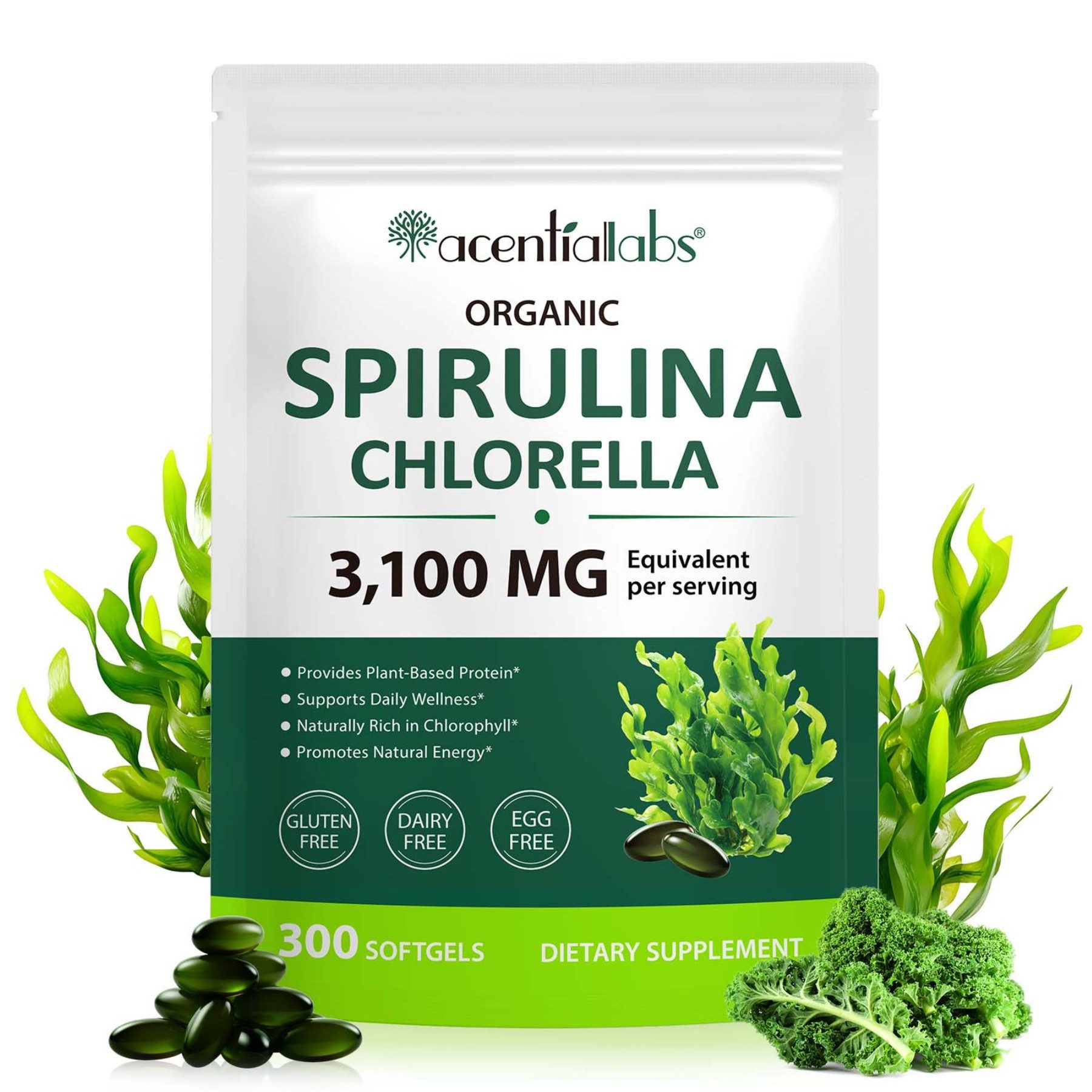 P-Beauty Cosmetic Accessories Spirulina Chlorella Softgels Mineralien 300 Kapseln 3100 mg Vegan Kapseln, Superfoods, Nahrungsergänzungsmittel, Spirulina