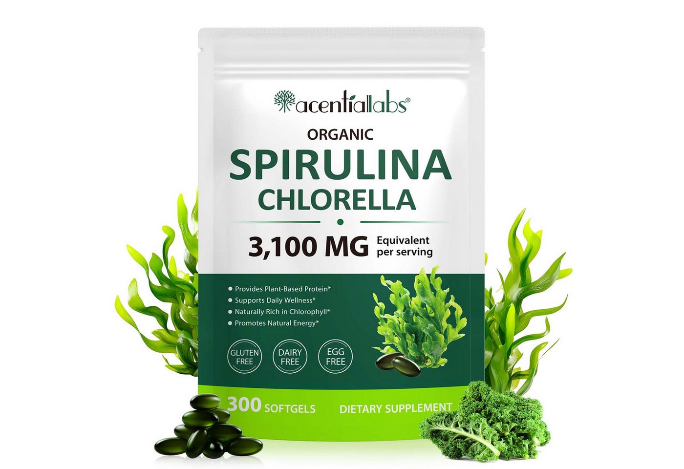 Acentiallabs Spirulina Chlorella Softgels Mineralien 300 Kapseln 3100 mg Vegan Kapseln, Superfoods, Nahrungsergänzungsmittel, Spirulina
