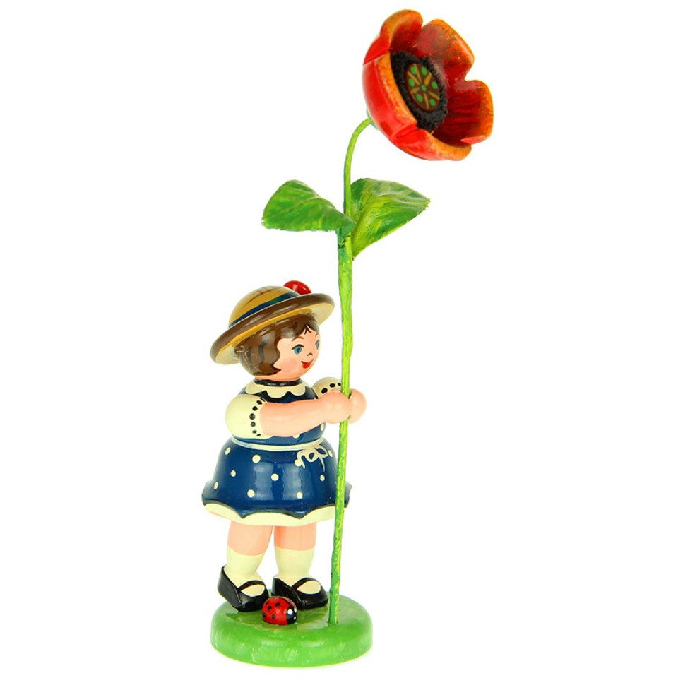 Hubrig Volkskunst Zschorlau Erzgebirge Sammelfigur Hubrig Blumenkind / Blumenmädchen mit Mohnblume