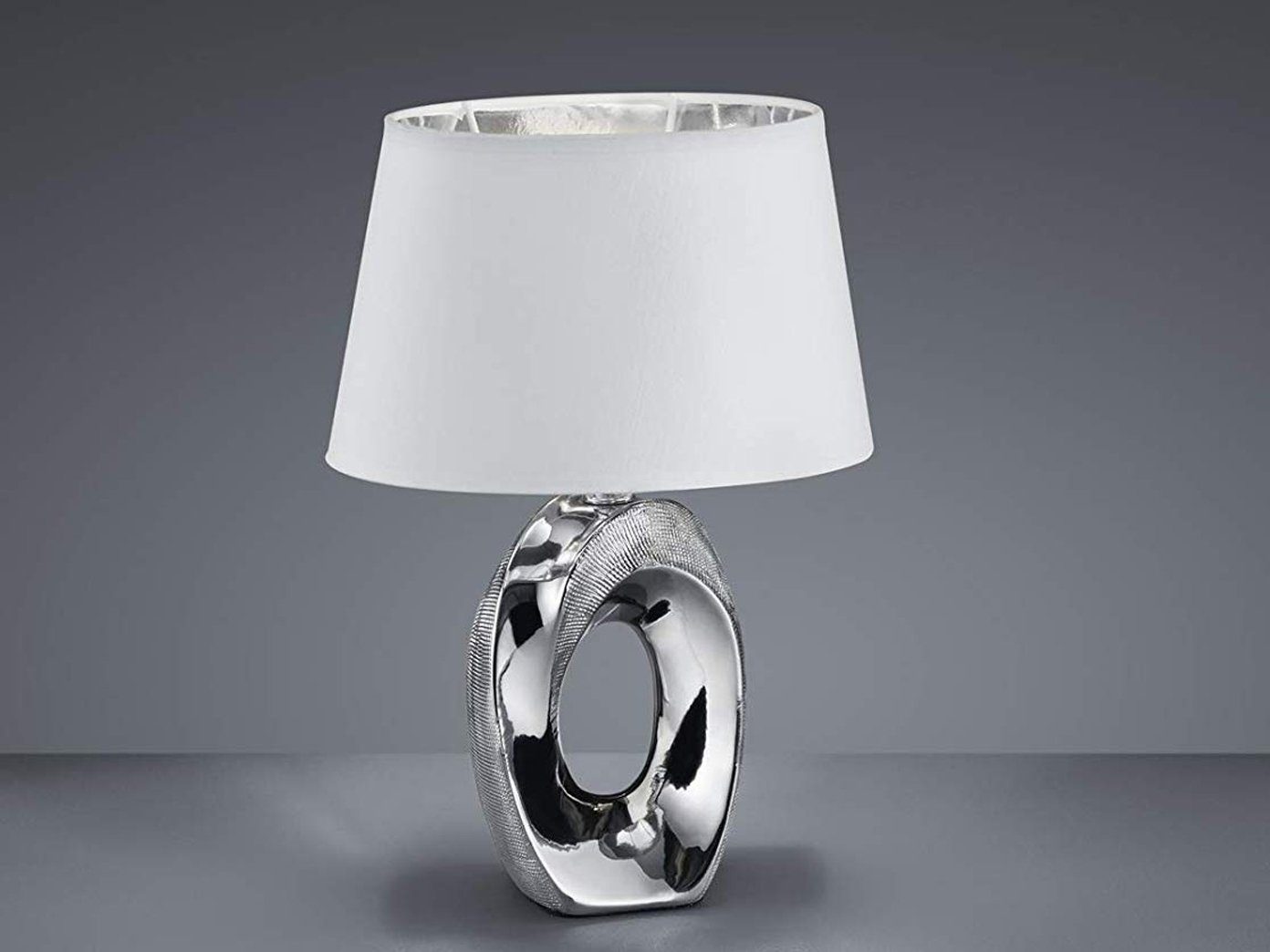 meineWunschleuchte LED Tischleuchte, LED wechselbar, Warmweiß, ausgefallen-e Design-er Lampe mit Stoff Lampenschirm Weiß Silber, 33cm Weiß-Silber