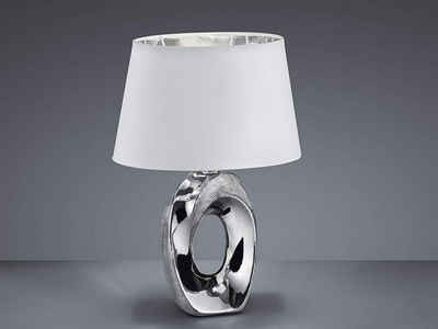 TRIO LED Tischleuchte, LED wechselbar, Warmweiß, ausgefallen-e Design-er Lampe mit Stoff Lampenschirm Weiß Silber, 33cm