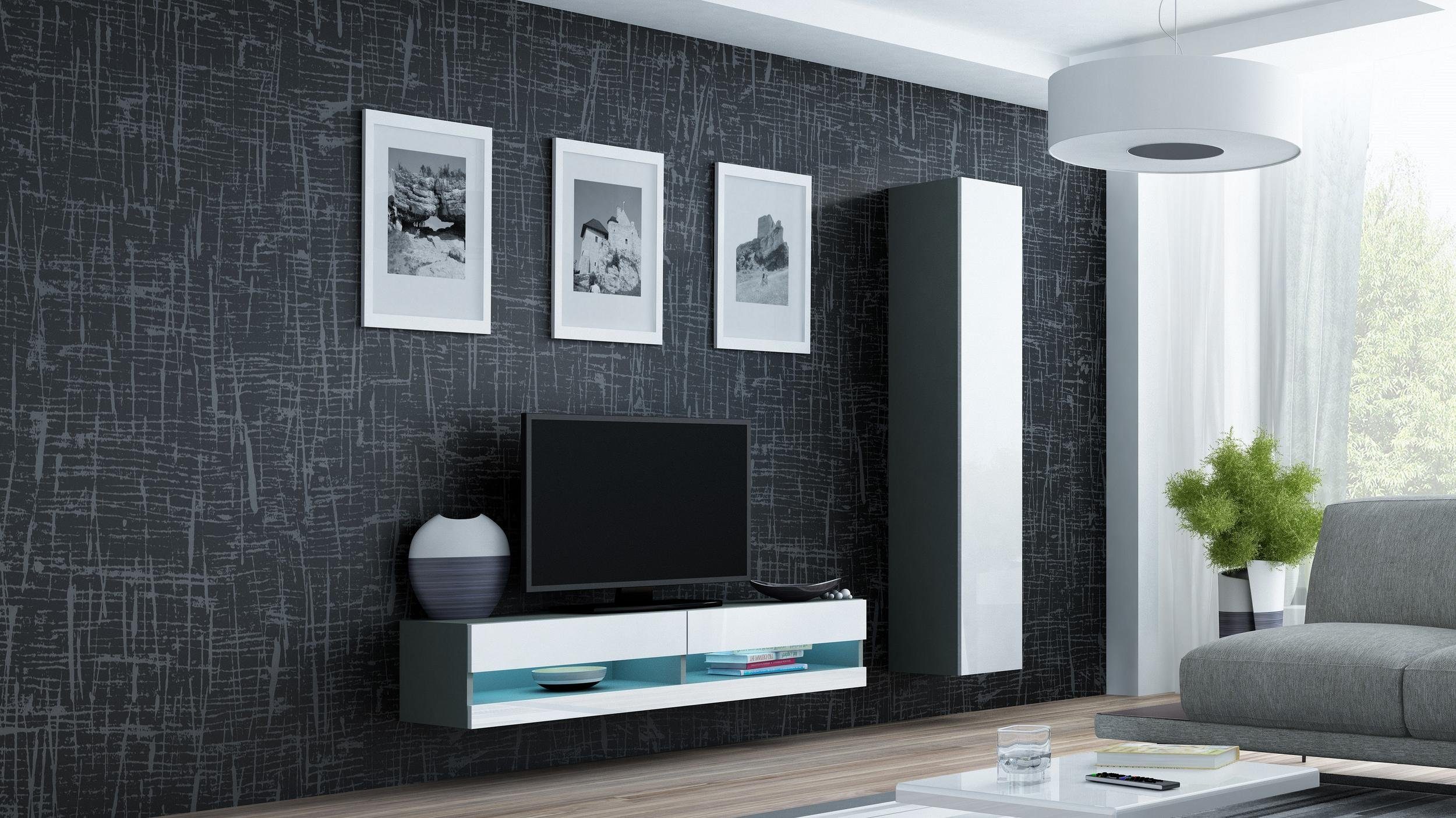 Stylefy Wohnwand Vago XIII 180x180x40, (Set (2-St), Wohnmöbel, Wohnzimmer-Set), bestehend aus 1xLowboard und 1xHängeschrank, inkl. LED-Beleuchtung, mit Push-to-Open, Modern Design Grau Matt - Weiß Hochglanz