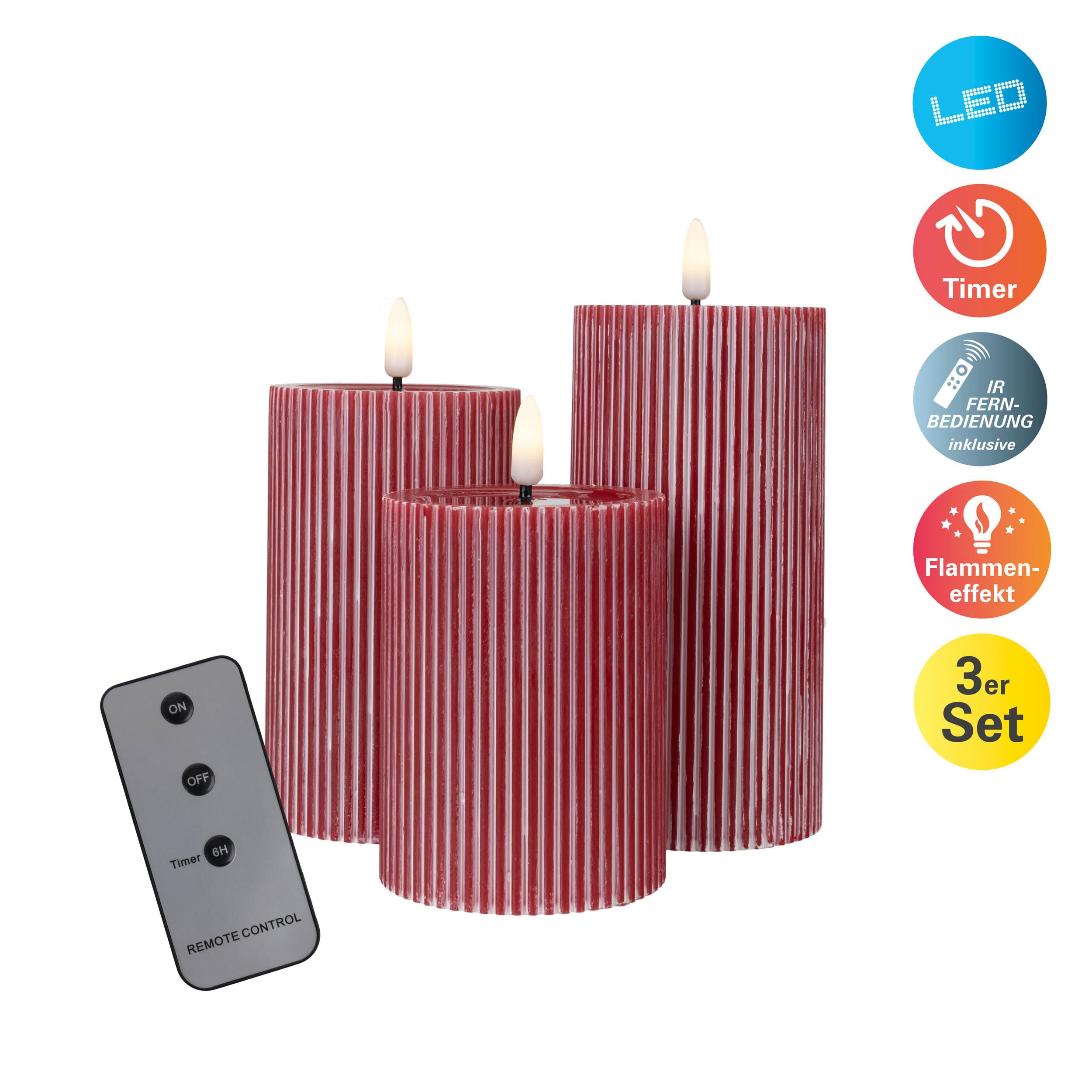 näve LED Dekolicht Nuria, Timerfunktion, LED fest integriert, Warmweiß, 3er-Set LED Kerzen warmweiß, Echtwachs, Timer, Flammeneffekt