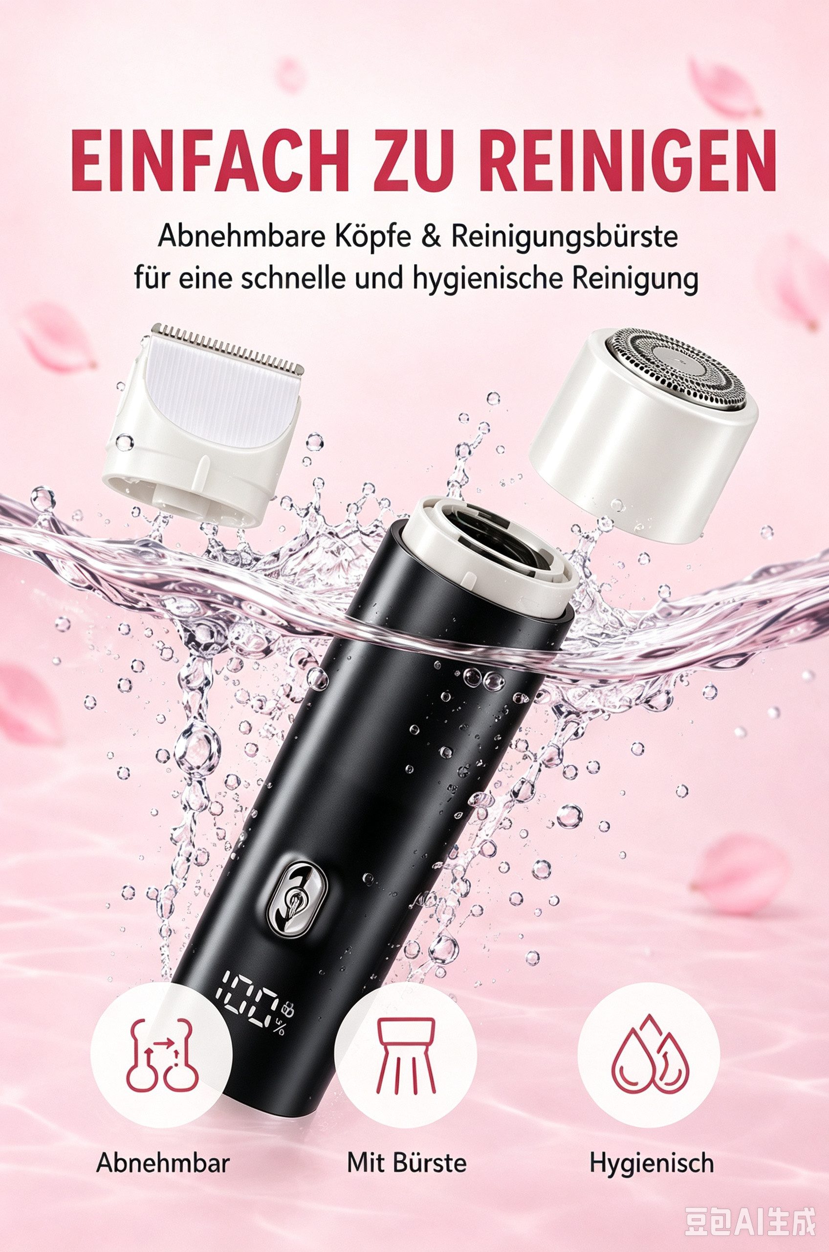 Fyrove Körper- und Bikinitrimmer 2-in-1 Damen, Trimmer + Folienrasierer, USB-C, LED, 5 Aufsätze, Rosa