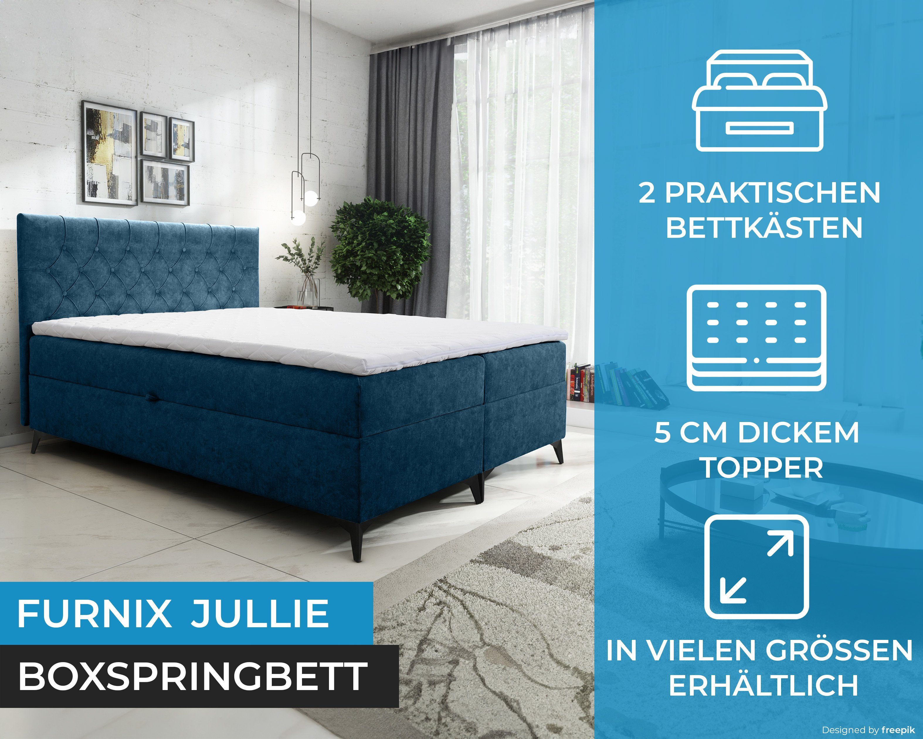 JULLIE Furnix Farbe/Größe Boxspringbett mit 129-200x200 mit Bettkaste Topper Auswahl, Blau Topper