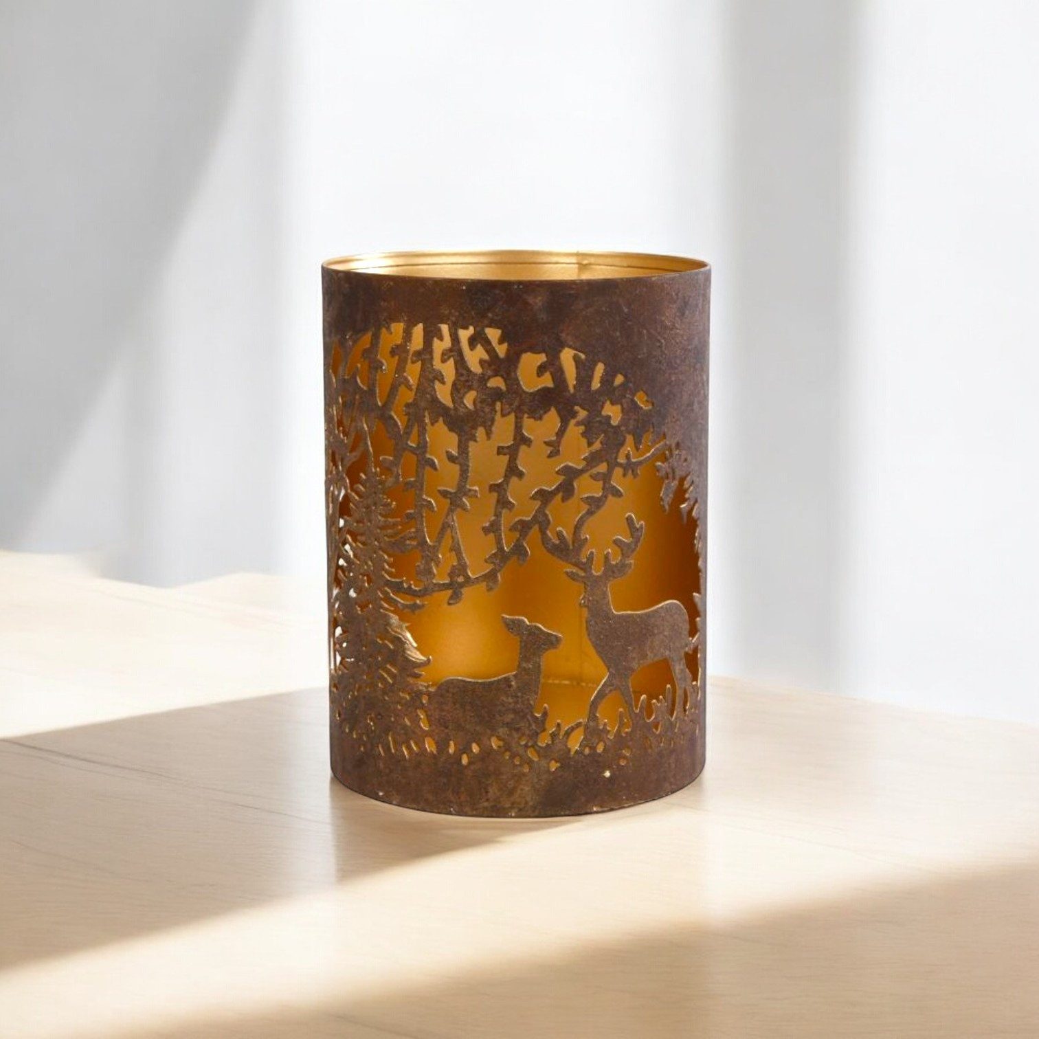 Macosa Home Teelichthalter Hirsch Metall Braun gold Rustikal Teelichtständer (Windlicht Tisch-Dekoration Kerzenhalter Teelicht-Halter), rund Deko Metallwindlicht Antikbraun
