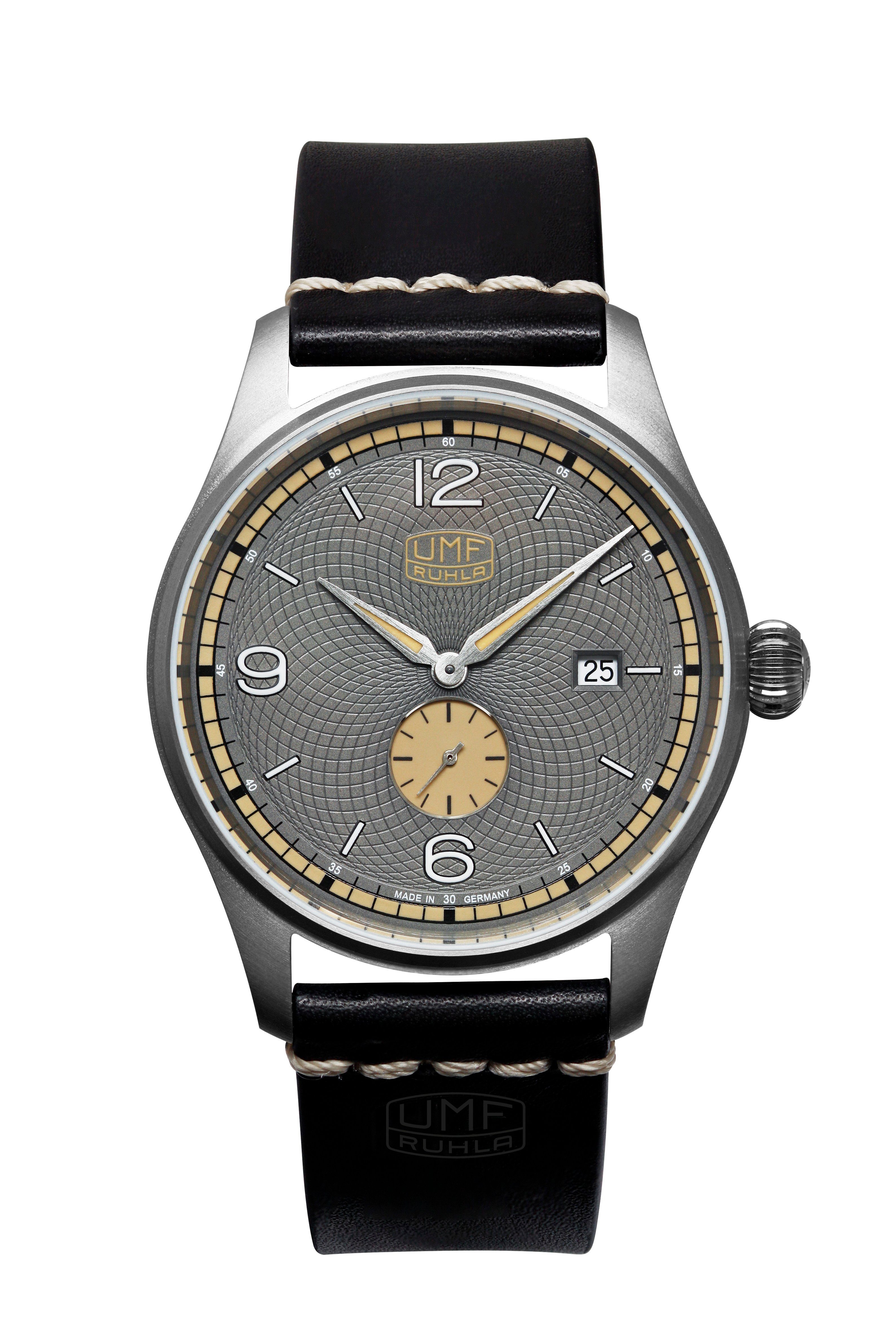 UMF Ruhla Titanuhr 1136 2 UMF Ruhla TITAN Limited Edition Quarz Armbanduhr schwarzes Kalbslederband und graues Ziffernblatt Made in Germany