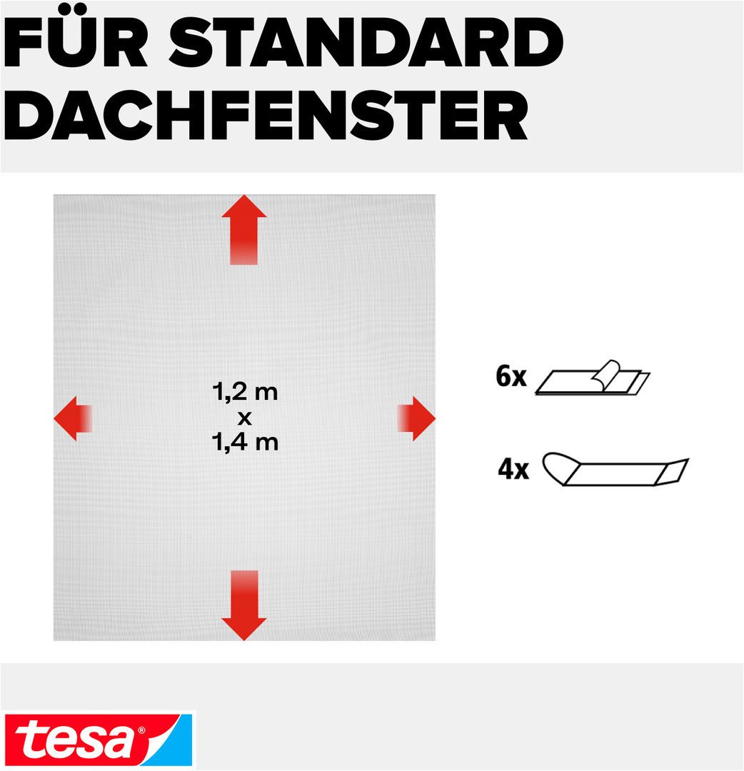 tesa Insektenschutz-Fensterrahmen Insect Stop Comfort Fliegengitter für Fenster - 1.2 m : 1.4 m, (Packung, 1-St., Fliegennetz, Klettband), Insektenschutzgitter für Dachfenster - individuell zuschneidbar -weiß