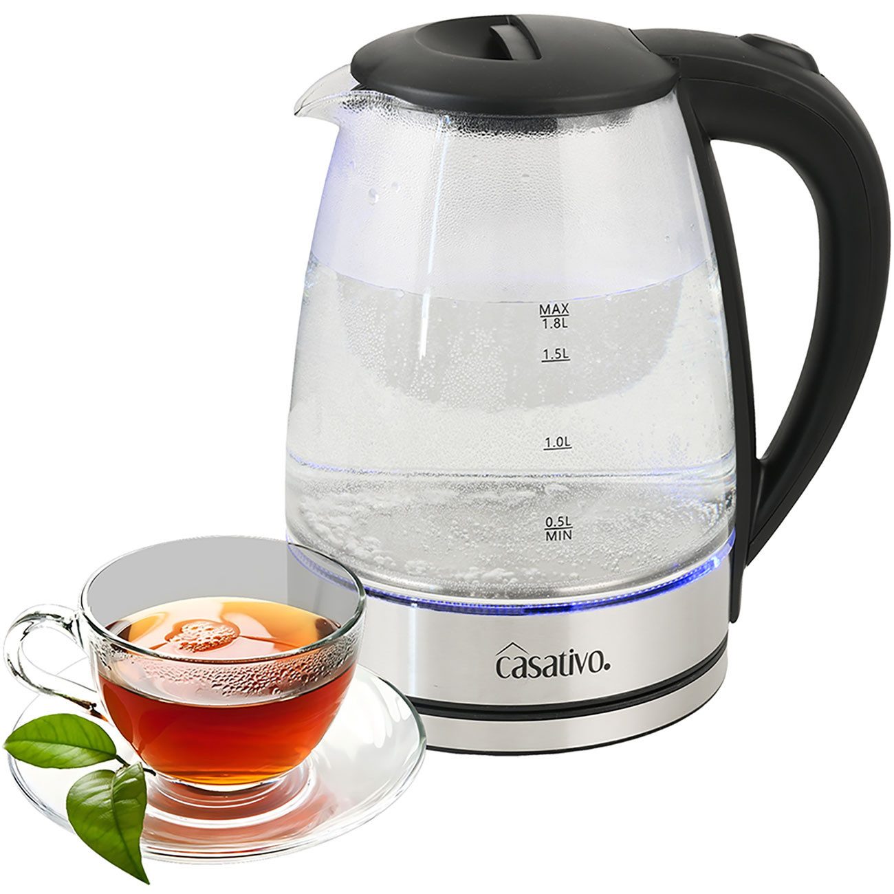Casativo Wasserkocher Glas-Wasserkocher 1,8L blaues LED-Licht 2200W Edelstahl Teekocher, 2200 W, Abschaltautomatik & Trockenbetriebsschutz, Ø 15,7 x H 22cm, 1m Kabel