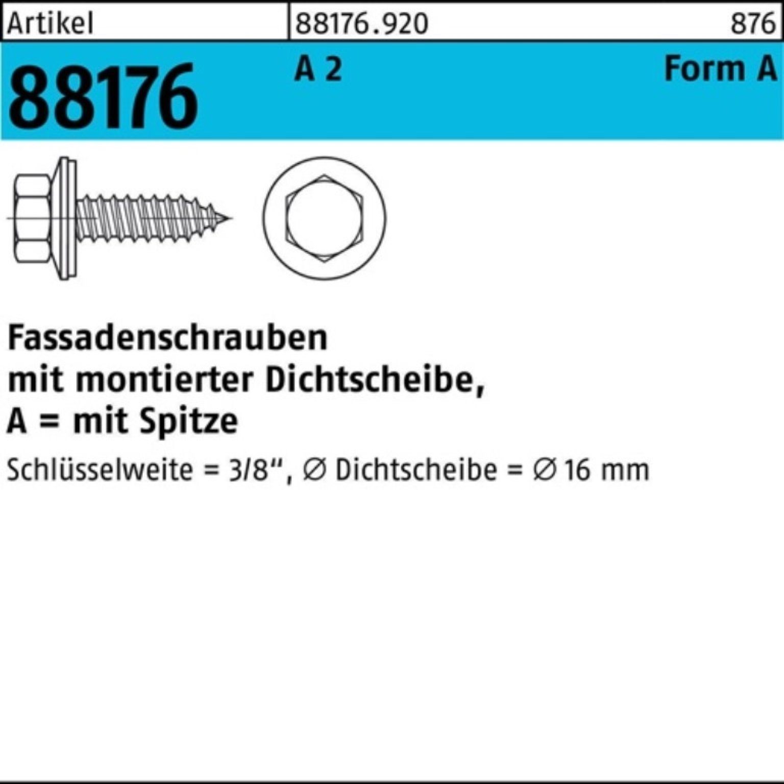 Reyher Fassadenschraube 500er Pack Fassadenschraube R 88176 Dichtscheibe/Spitze A 6,5x 16 A 2