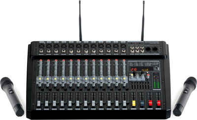 Pronomic Mischpult 12-Kanal-Powermischer 760 Watt RMS-Leistung, (inkl. 2 Funkmikrofone und im Mixer integrierter UHF-Empfänger), Bluetooth®/USB-Player/Recorder - Grafischer Equalizer