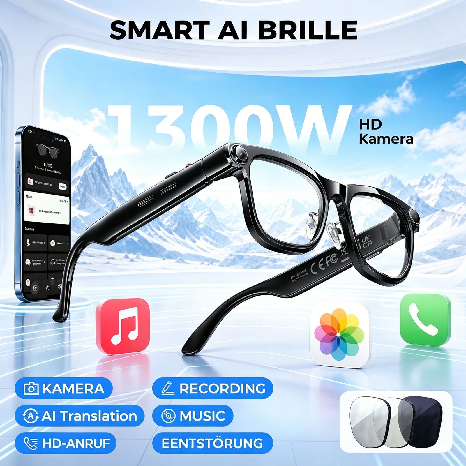 KAIGEER Sonnenbrille KI Brille mit Echtzeitübersetzung, 13MP Kamera,300 mAh, Wechselgläsern (LED Video Brille, 1-St., ca. 150*158*51mm) AI Smart Glasses Set für Männer Frauen, UV Schutz, Bilderkennung, IPX4