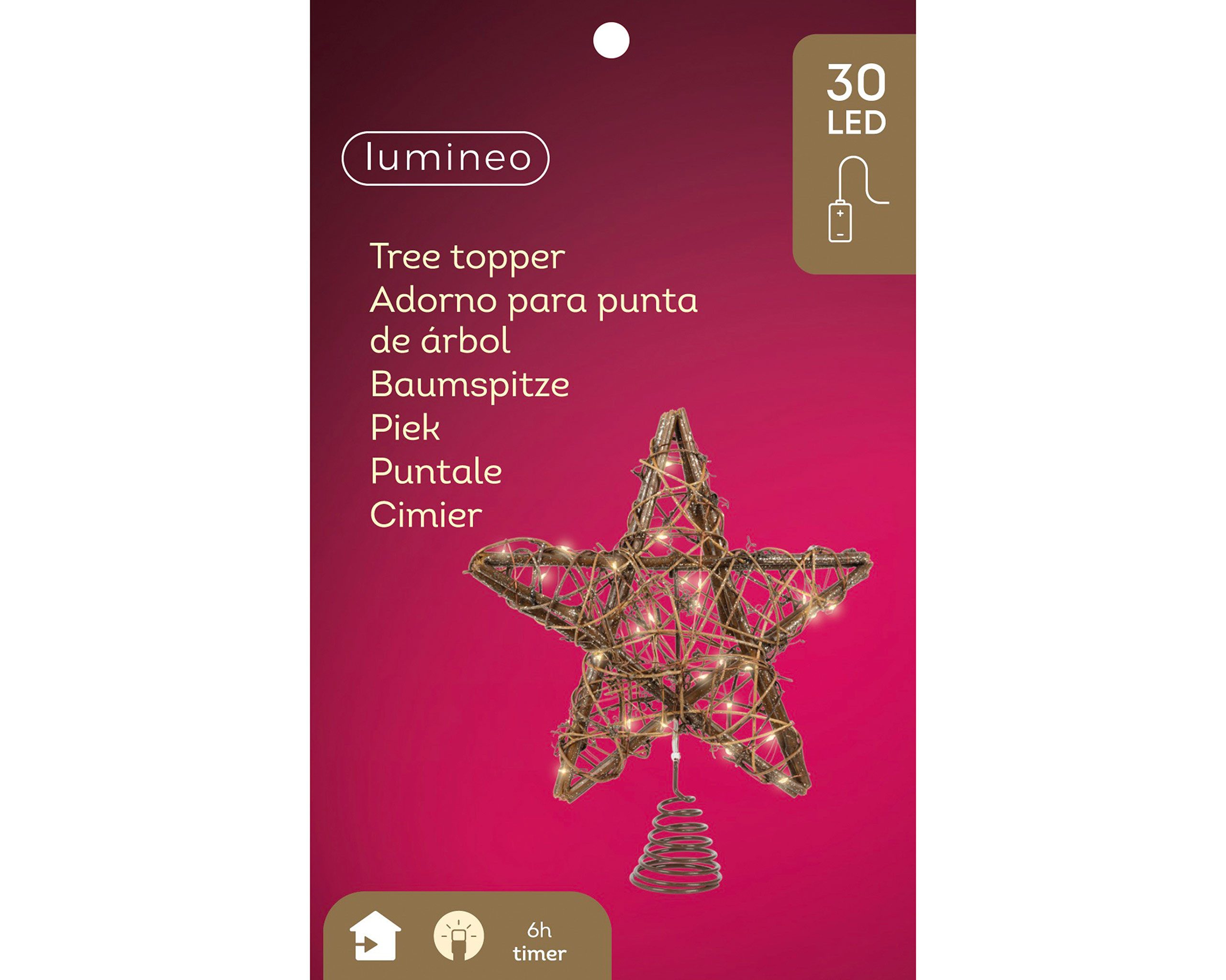 Lumineo Christbaumspitze, LED Christbaumspitze Stern mit Timer 30cm Rattan Braun / Warmweiß